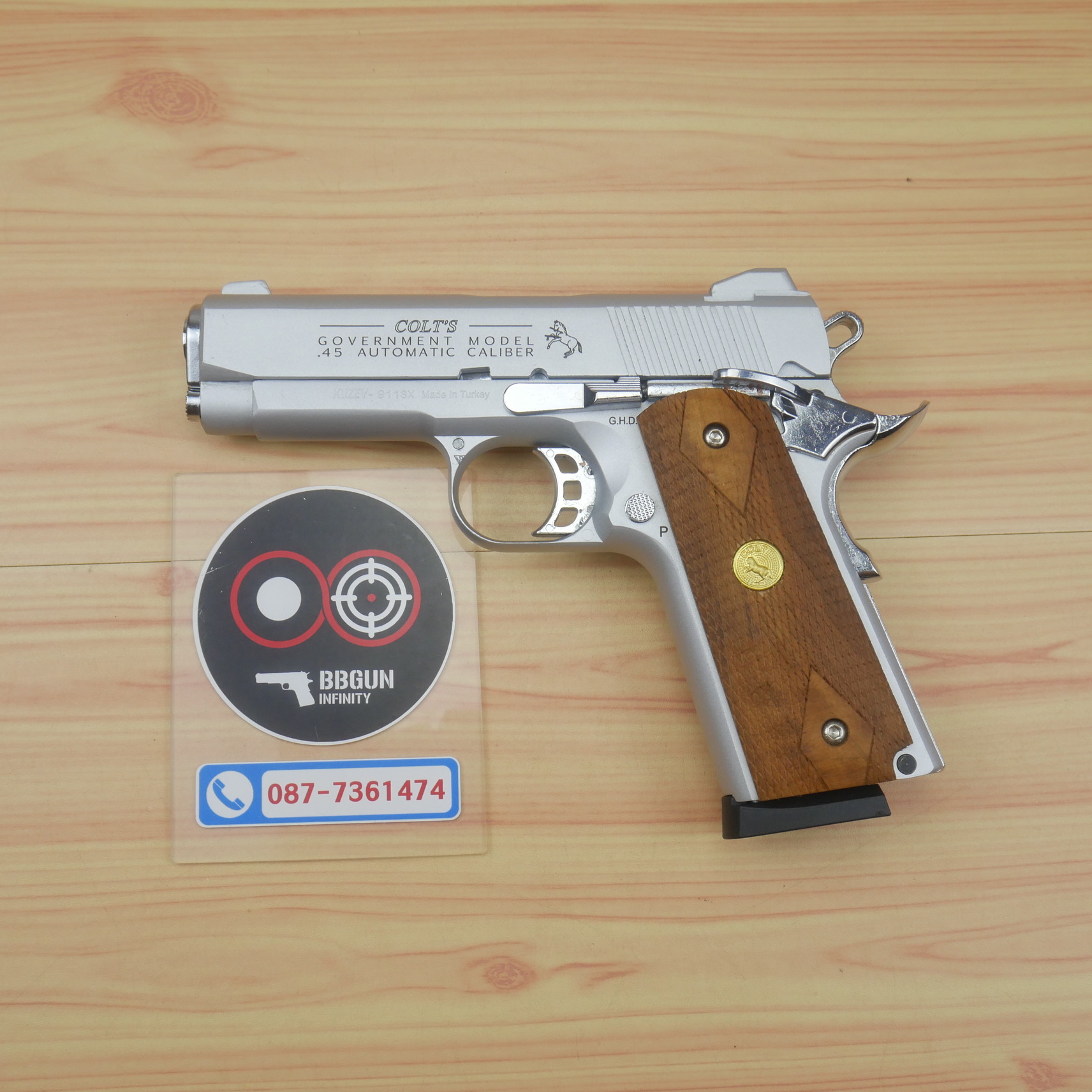 Blank Gun KUZEY Colt Government 100 Years ลํากล้อง 4 นิ้ว เงินด้าน แบลงค์กัน ด้ามไม้ (แถมกล่องใส่ปืน)