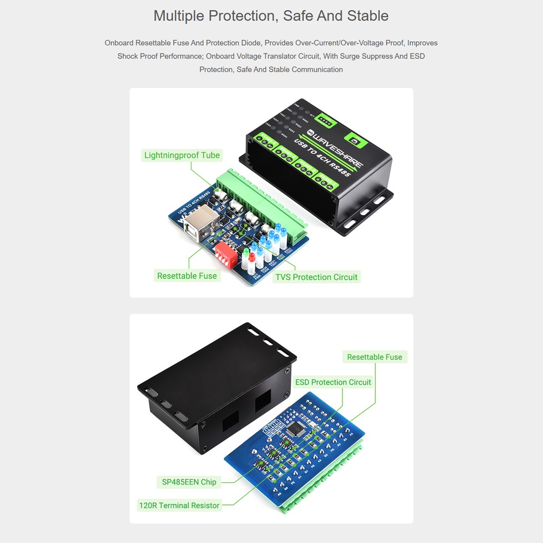 WS-001 WAVESHARE ตัวแปลงสัญญาณ Industrial USB TO 4Ch RS485 Converter, Multi Protection Circuits, Multi Systems Support, Aluminium Alloy Case