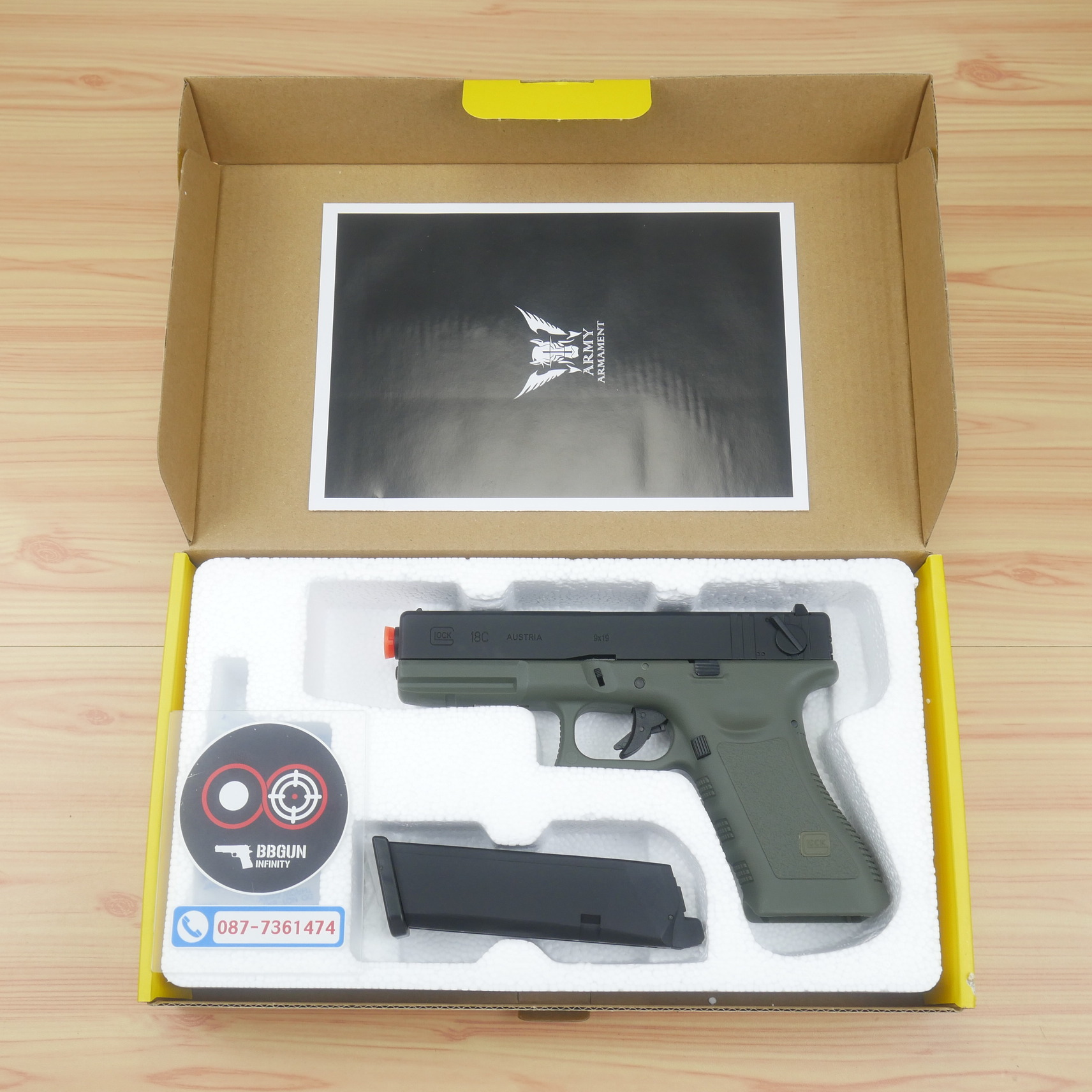 บีบีกันอัดแก๊ส Army Armament R18A Glock 18C Gen3 สีดำ เขียว (OD) BB GUN
