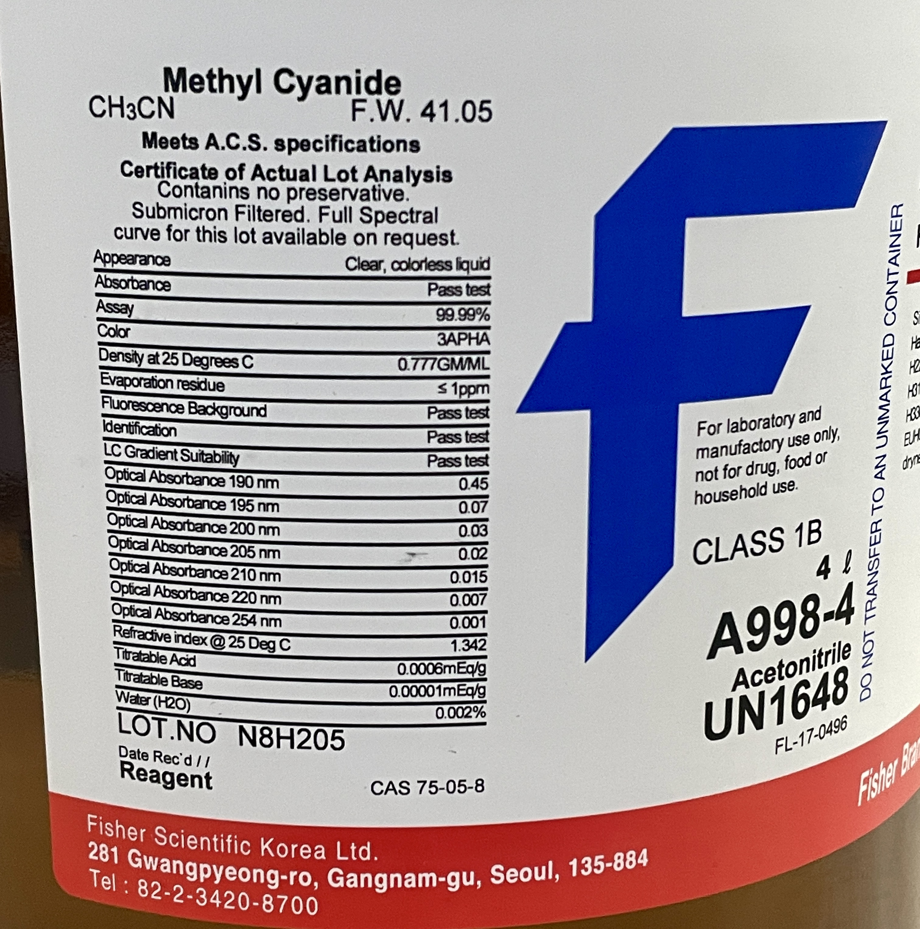 Acetonitrile, HPLC (Suitable for Gradient) , 4 L , Fisher A998-4