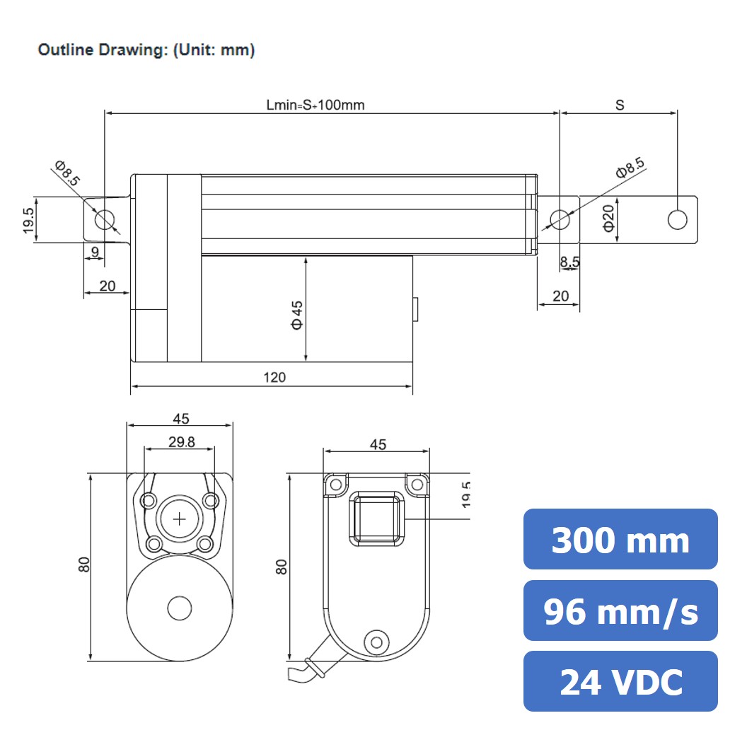 ZGB800F มอเตอร์ก้านชัก ระยะชัก 300mm 96mm/s 24VDC 200N Electric Linear Actuator Putter DC Stroke Length 300mm ZHENGKE พัตเตอร์ไฟฟ้า