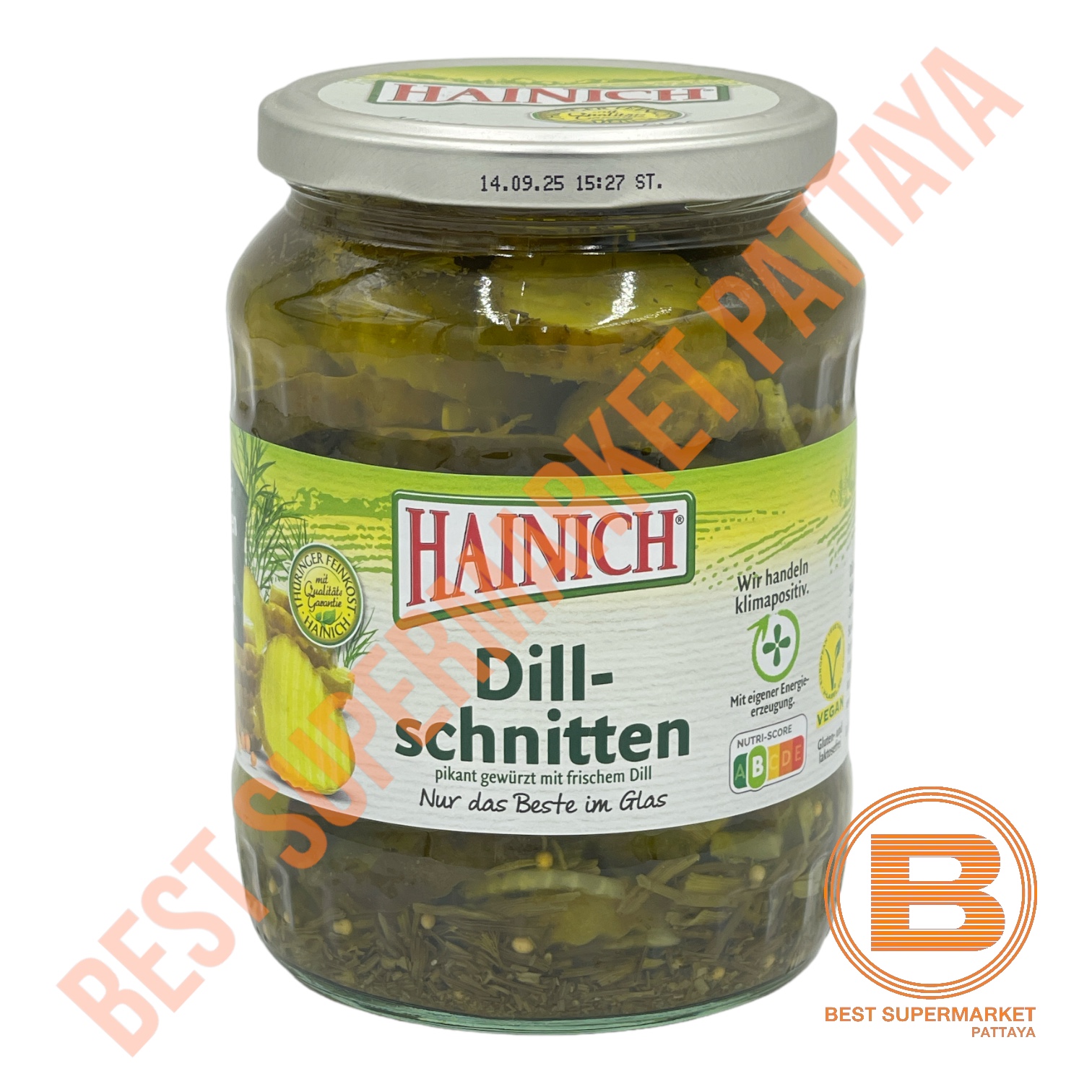 ไฮนิช แตงกวาดอง ชนิดแผ่น ผสมผักชีลาว 670 กรัม Hainich Dill-schnitten 670 g.
