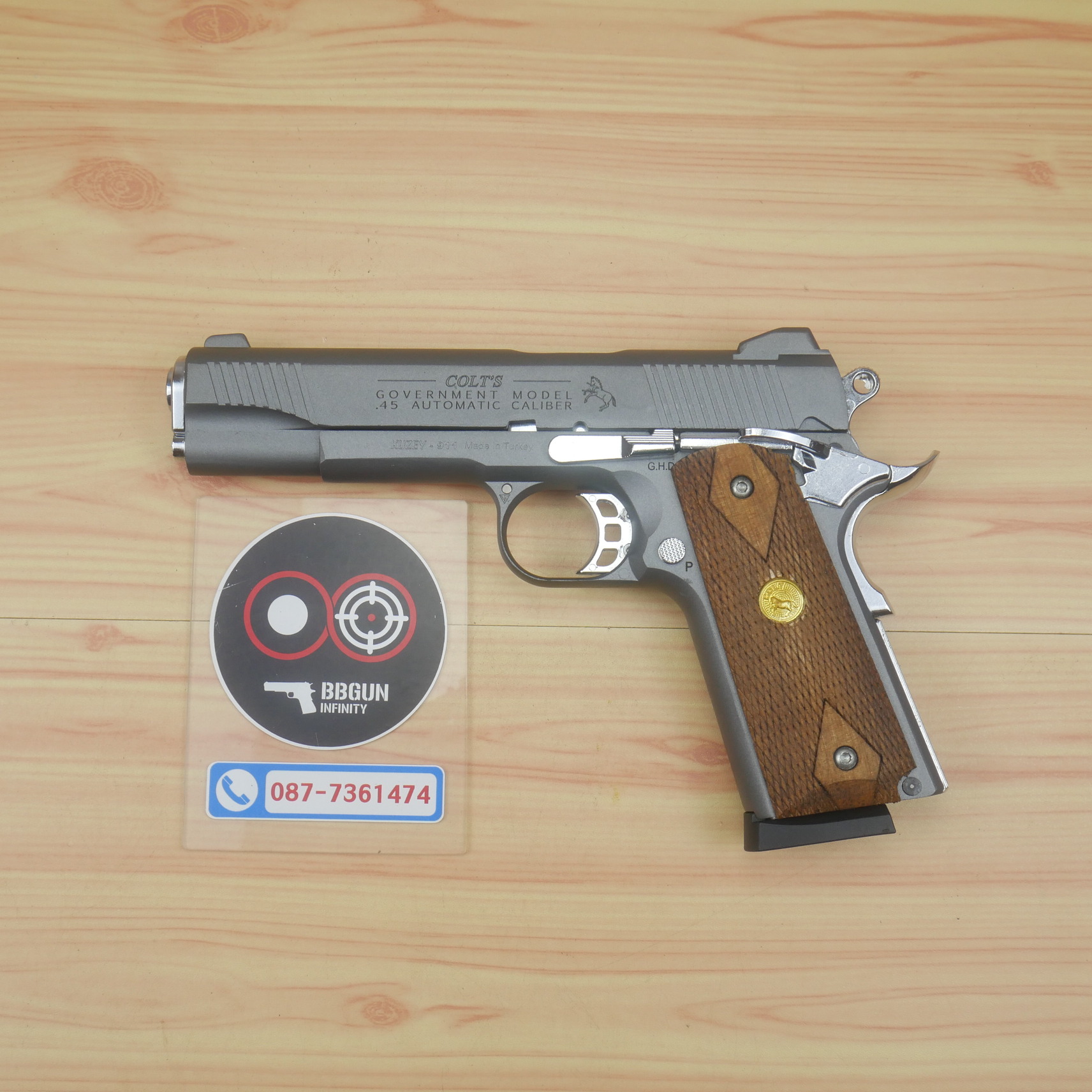 แบลงค์กัน KUZEY M1911 5 นิ้ว COLT GOVERMENT 100 Year สีสโมค blank gun ด้ามไม้ (แถมกล่องใส่ปืน)