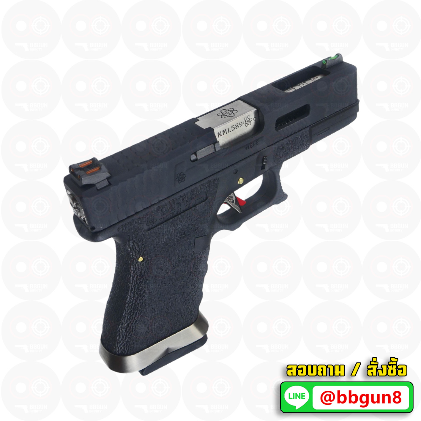 บีบีกันอัดแก๊ส WE Glock 19 G-Force T5 เฟรมดำ สไลด์ดำ ท่อเงิน BB GUN