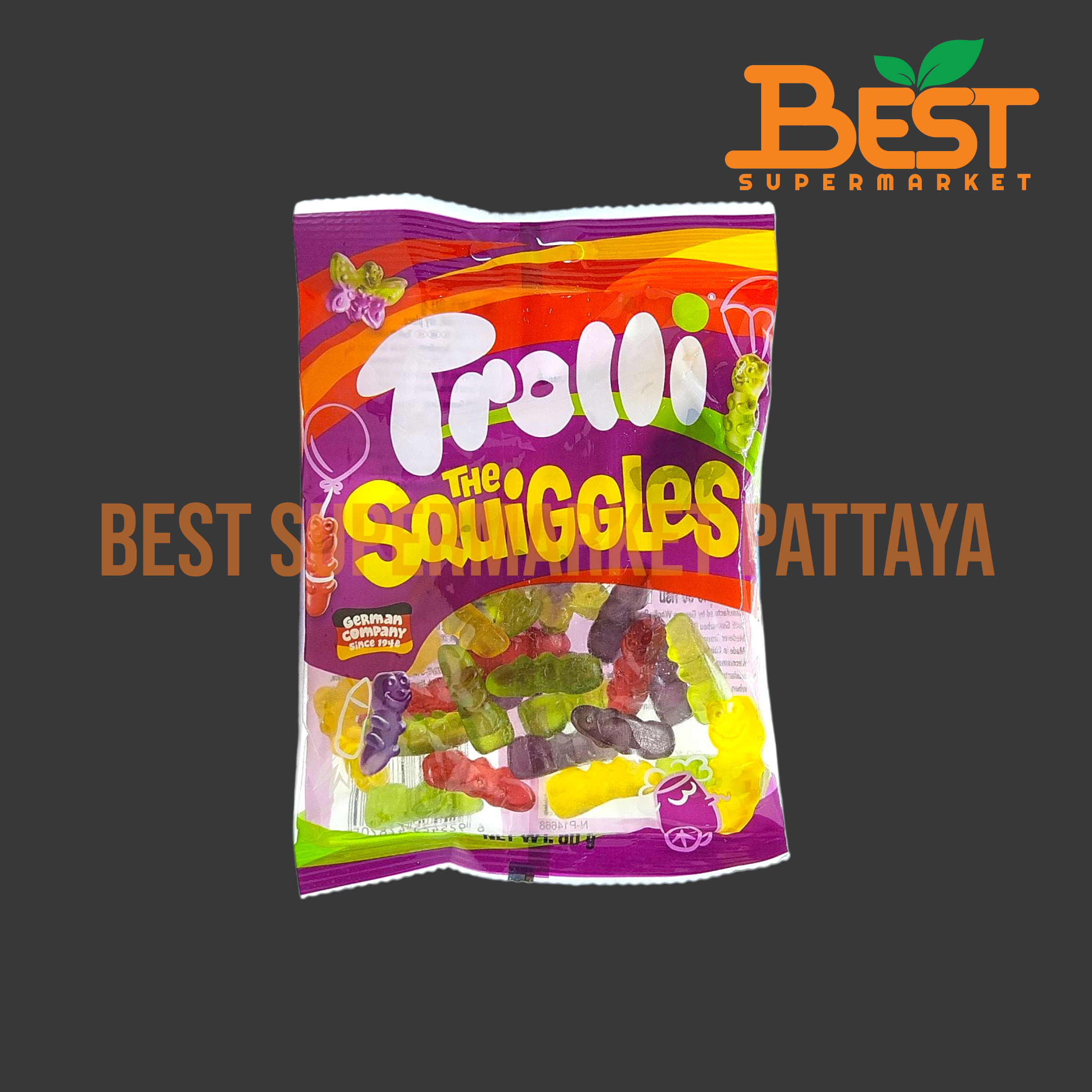 ทรอลลี่ เดอะ สควิกเกิ้ลส์ กลิ่นผลไม้ต่างๆ 80กรัม.Trolli The Squiggles 80g.