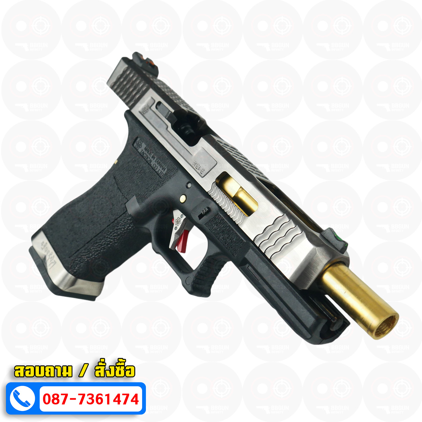 บีบีกันอัดแก๊ส WE G34 T3 G-Force GBB Glock 34 เฟรมดำ สไลด์เงิน ท่อทอง BB GUN