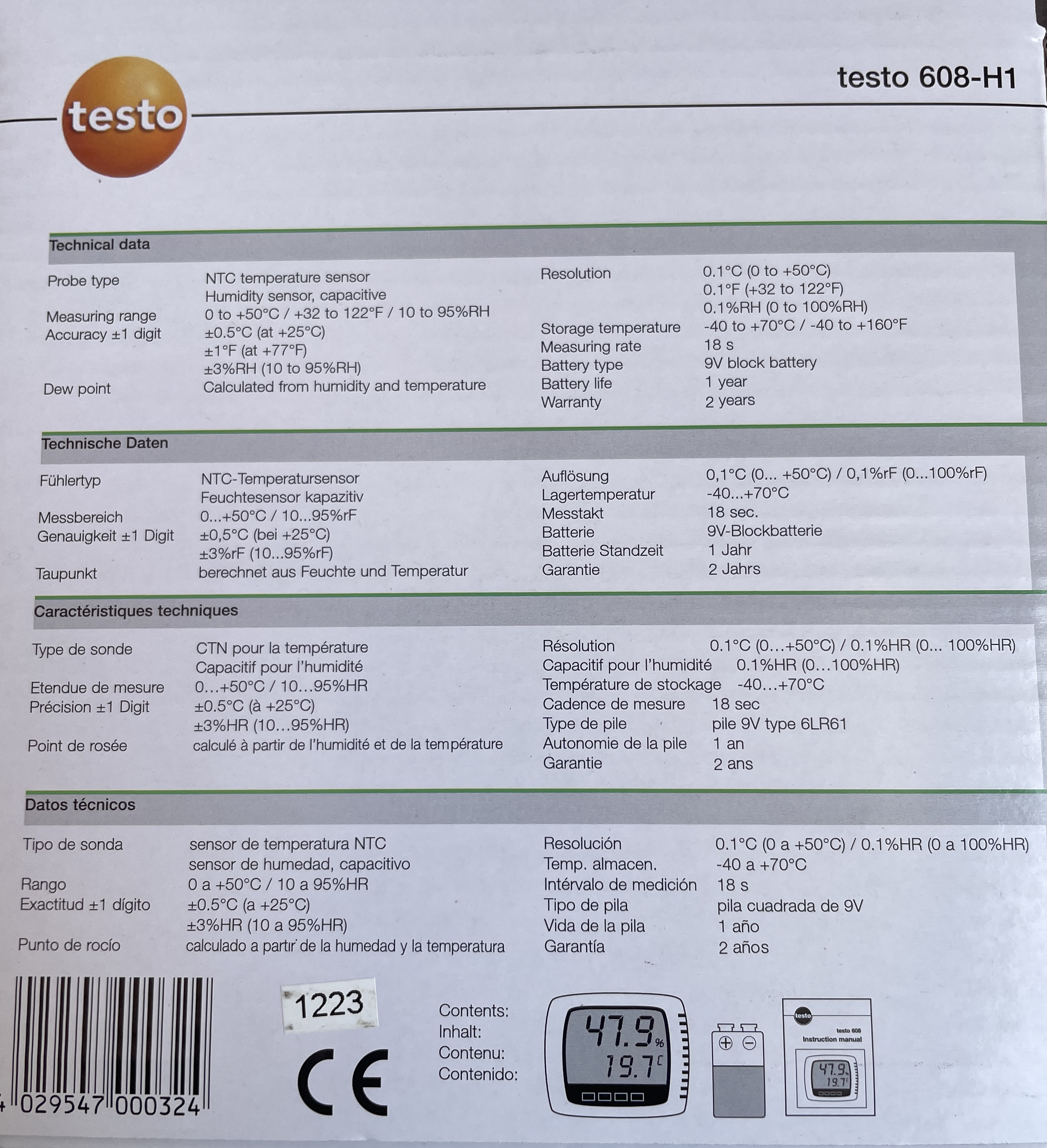 เครื่องมือวัดอุณหภูมิ และความชื้น รุ่น Testo 608-H1 ( Thermo hygrometer ), ยี่ห้อTesto / Germany 0560 6081