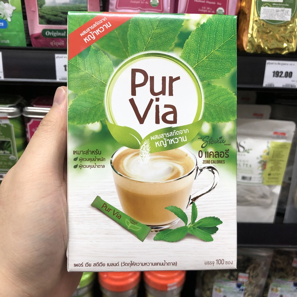 เพอร์ เวีย วัตถุให้ความหวานแทนน้ำตาล ผสมสารสกัดจากหญ้าหวาน 100 ซอง Pur Via Stevia 100 Sticks 8850186800015