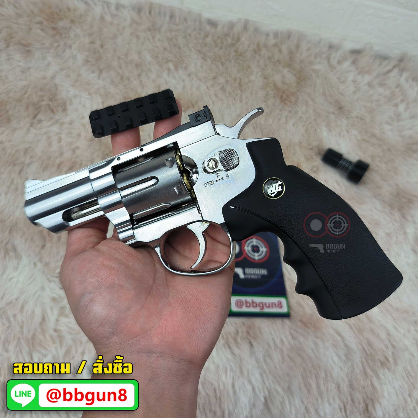 WinGun 708S 2.5 inch Co2 - Silver งานไต้หวัน ปืนบีบีกันลูกโม่ 2.5 นิ้ว สีเงิน - ด้ามดำ