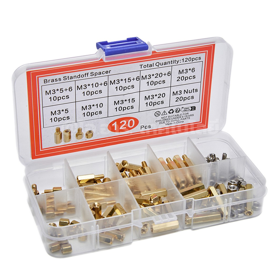 M3-120-Brass ชุดเสาทองเหลือง นอต สกรู M3 120ชิ้น 120Pcs M3 Hex Brass Standoff + Nut + Screw kit เสายึดแผ่นปริ้น เสารองบอร์ด ขารองบอร์ด เสารองแผ่น PCB