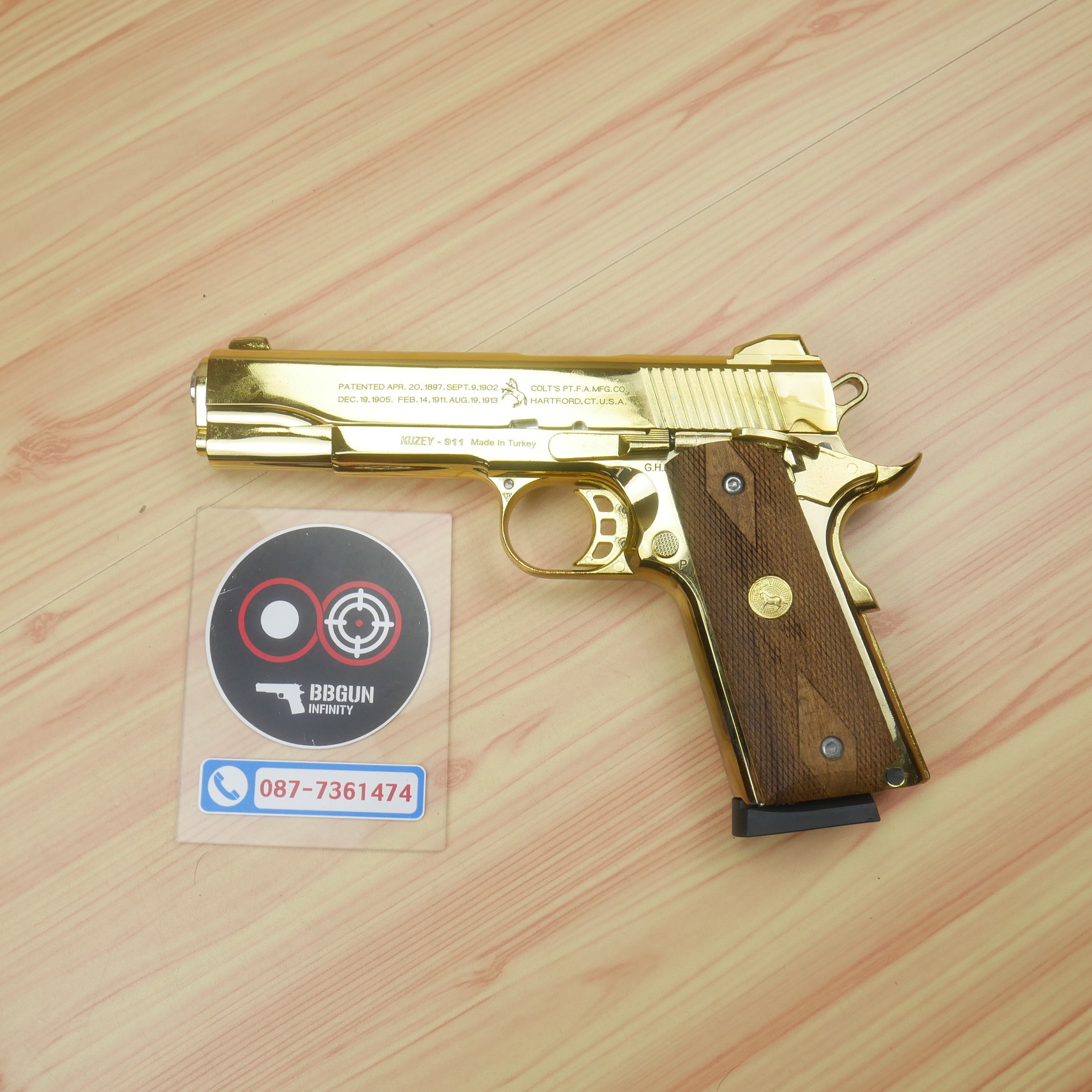 แบลงค์กัน KUZEY M1911 Colt 100ปี สีทอง ลำกล้อง 5 นิ้ว ด้ามไม้ blank gun