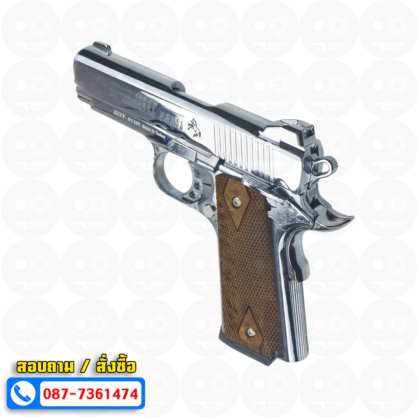 แบลงค์กัน KUZEY M1911 COLT GOVERMENT 100 Year เงินเงา 4 นิ้ว blank gun ด้ามไม้