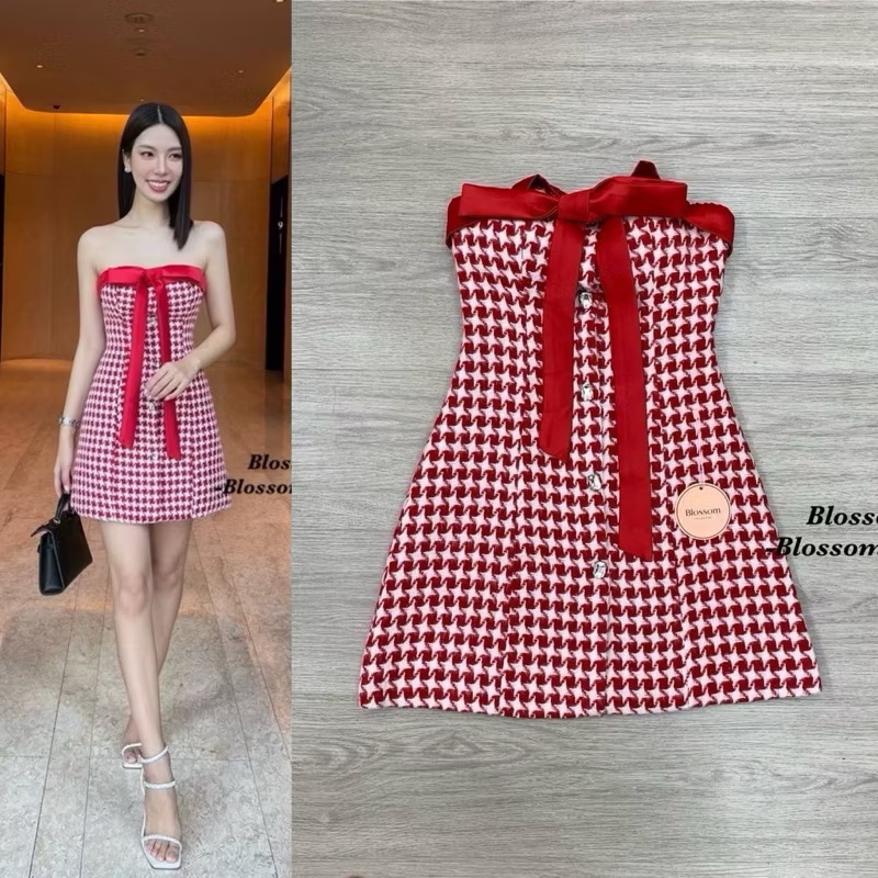 ♥️พร้อมส่ง S ♥️ มินิเดรสเกาะอกลายชิโนริ แต่งดีเทลด้วยผ้าซาตินผูกโบว์สีแดง
