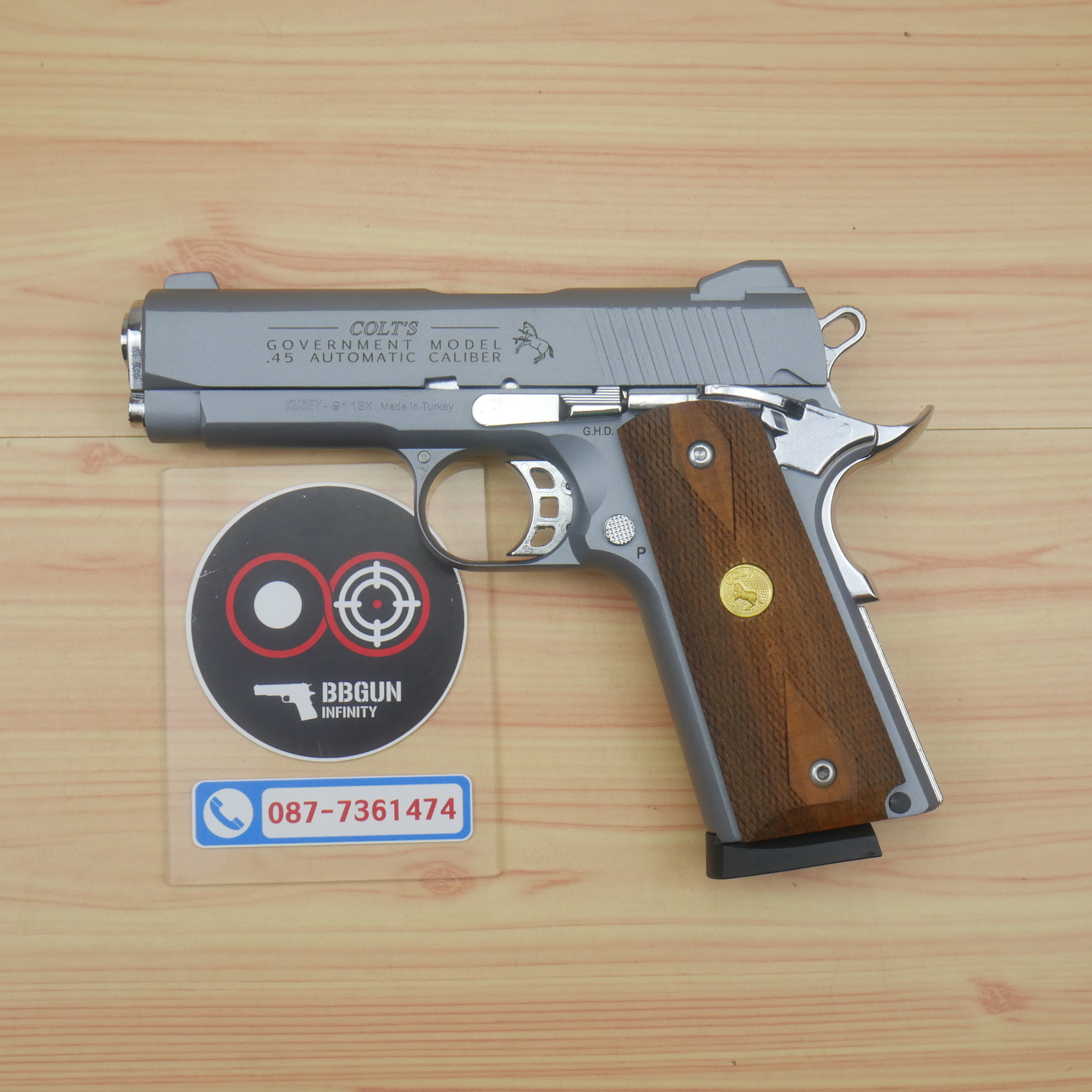 แบลงค์กัน KUZEY M1911 COLT GOVERMENT 100 Year Smoke 4 นิ้ว สีสโมค blank gun ด้ามไม้
