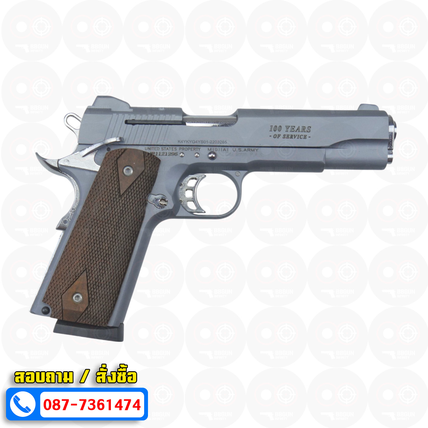 แบลงค์กัน KUZEY M1911 COLT'S 100 ปี สีสโมค ลำกล้อง 5 นิ้ว blank gun ด้ามไม้ (แถมกล่องใส่ปืน)