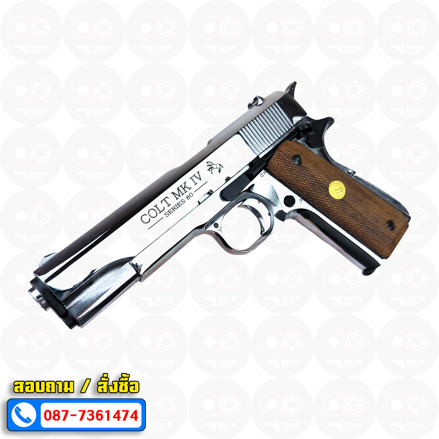แบลงค์กัน AKSA Colt MK IV Series 80 Automatic Caliber .45 สีเงินเงา กริปไม้ (2 แม็กกาซีน) BLANK GUN