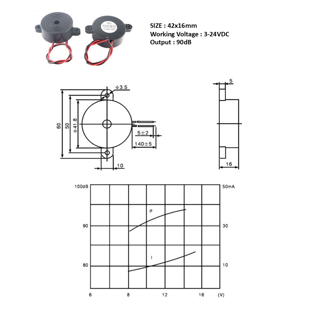 BZ-4216 สีดำ DC3-24V Active Buzzer Electronics บัซเซอร์ ออด สัญญาณเสียงเตือน เสียงดังยาวต่อเนื่อง 90dB 3-24VDC Black Continuous Sound Piezo Electric Buzzer