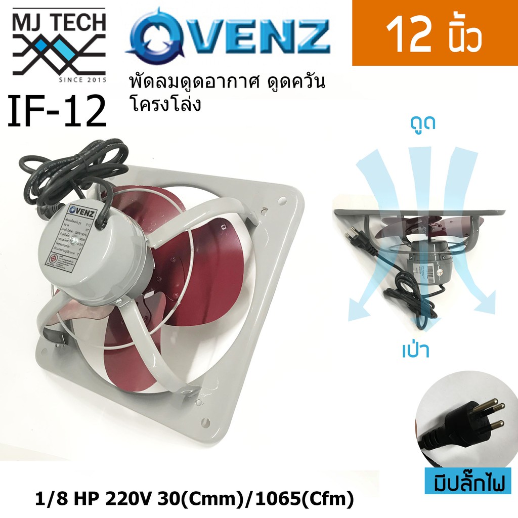 VENZ พัดลมอุตสาหกรรมใบแดง พัดลมดูดควัน โครงโล่ง (หมุนกลับทาง) ขนาด 12 นิ้ว รุ่น IF-12E