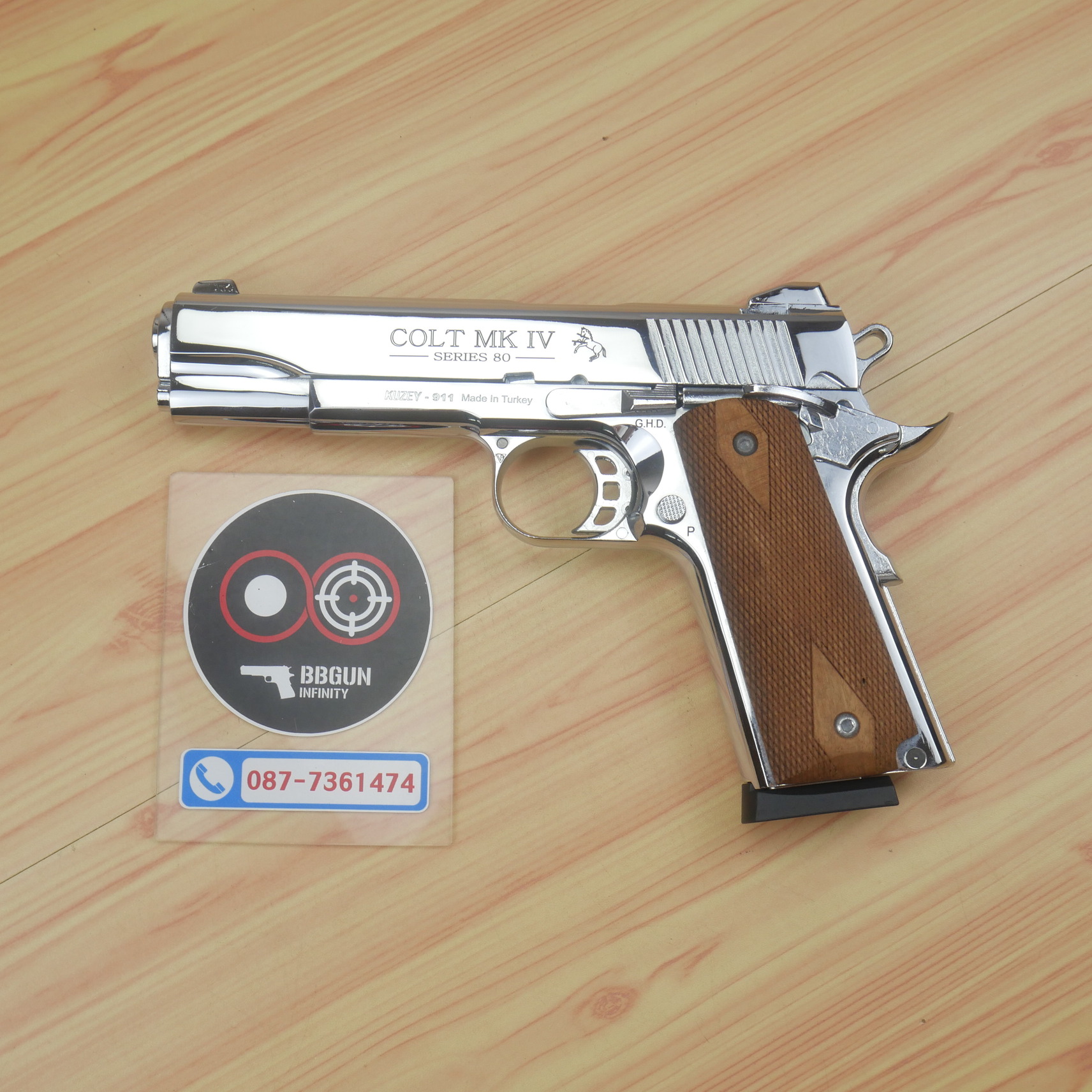 แบลงค์กัน KUZEY M1911 COLT'S MK IV SERIES 80 blank gun สีเงินเงา ลำกล้อง 5 นิ้ว ด้ามไม้
