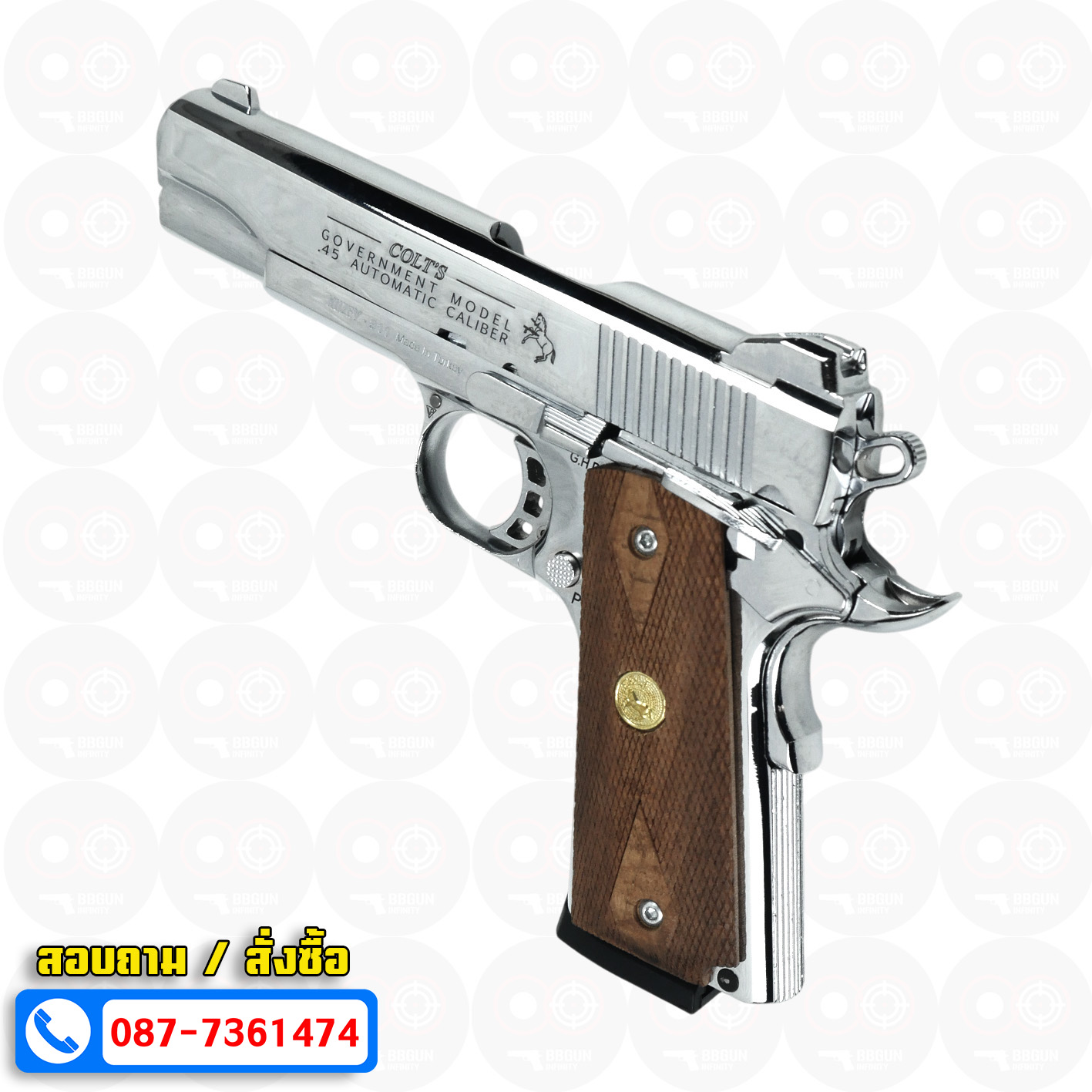 แบลงค์กัน KUZEY M1911 5 นิ้ว COLT GOVERMENT 100 Year สีเงินเงา blank gun ด้ามไม้