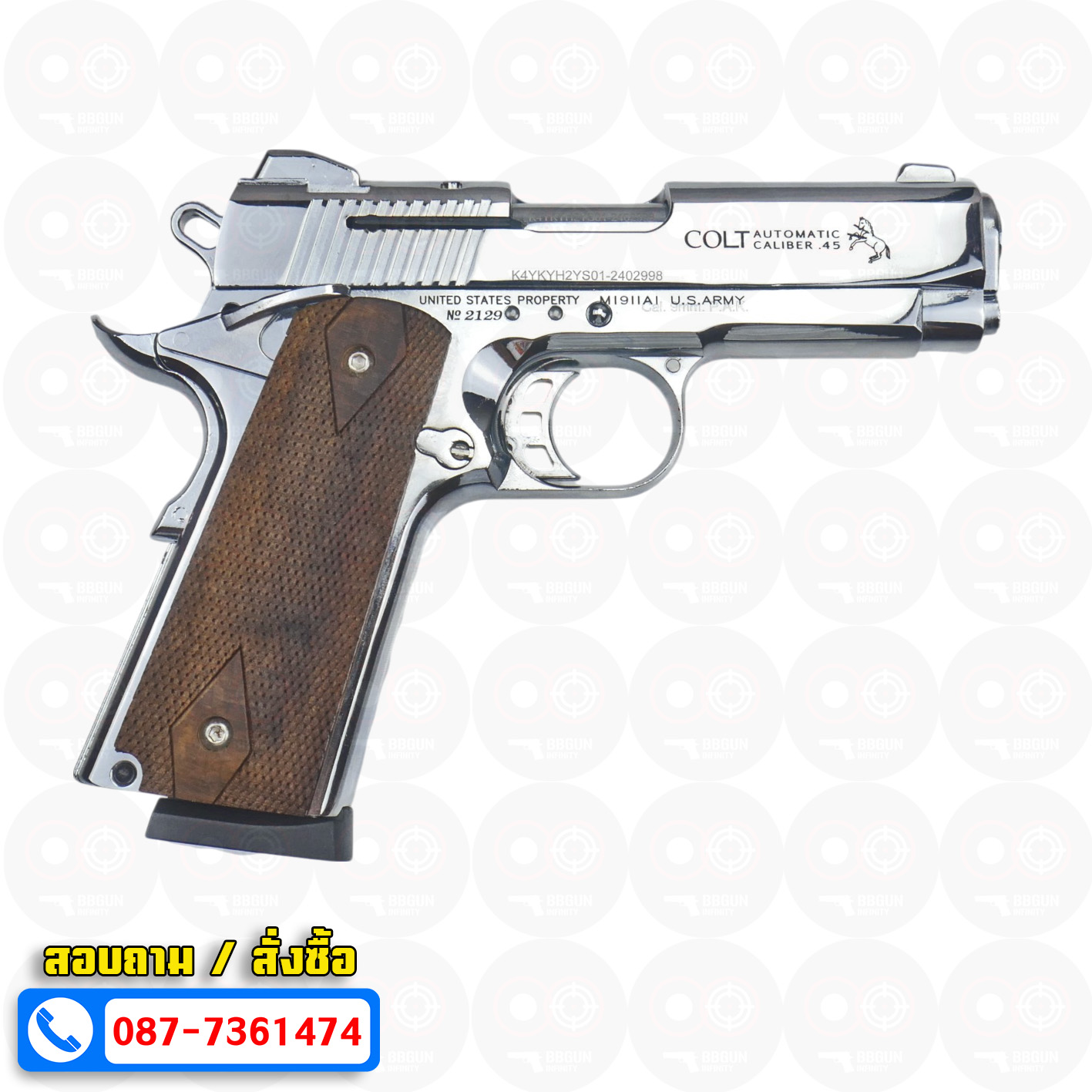 แบลงค์กัน KUZEY M1911 COLT MK IV SR70 สีเงินเงา 4 นิ้ว ด้ามไม้ blank gun
