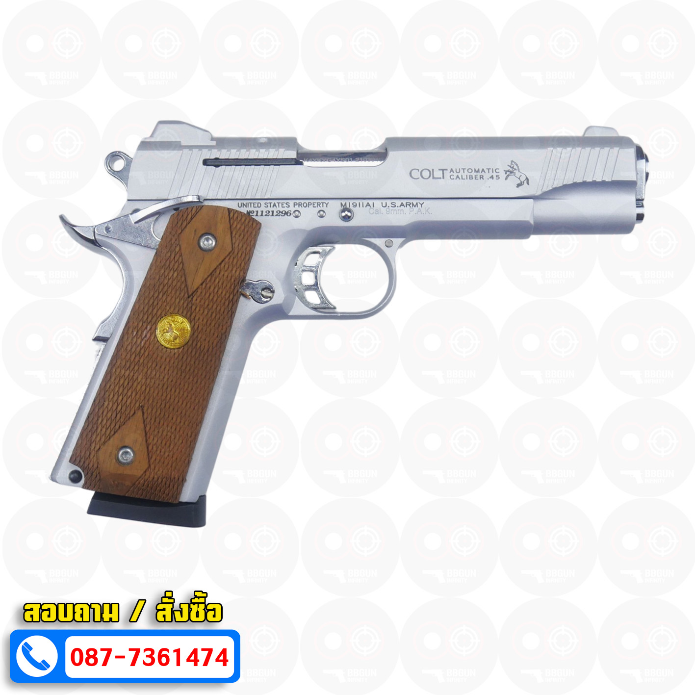 แบลงค์กัน KUZEY M1911 COLT MK IV SR70 สีเงินด้าน 5 นิ้ว ด้ามไม้ (แถมกล่องใส่ปืน) blank gun
