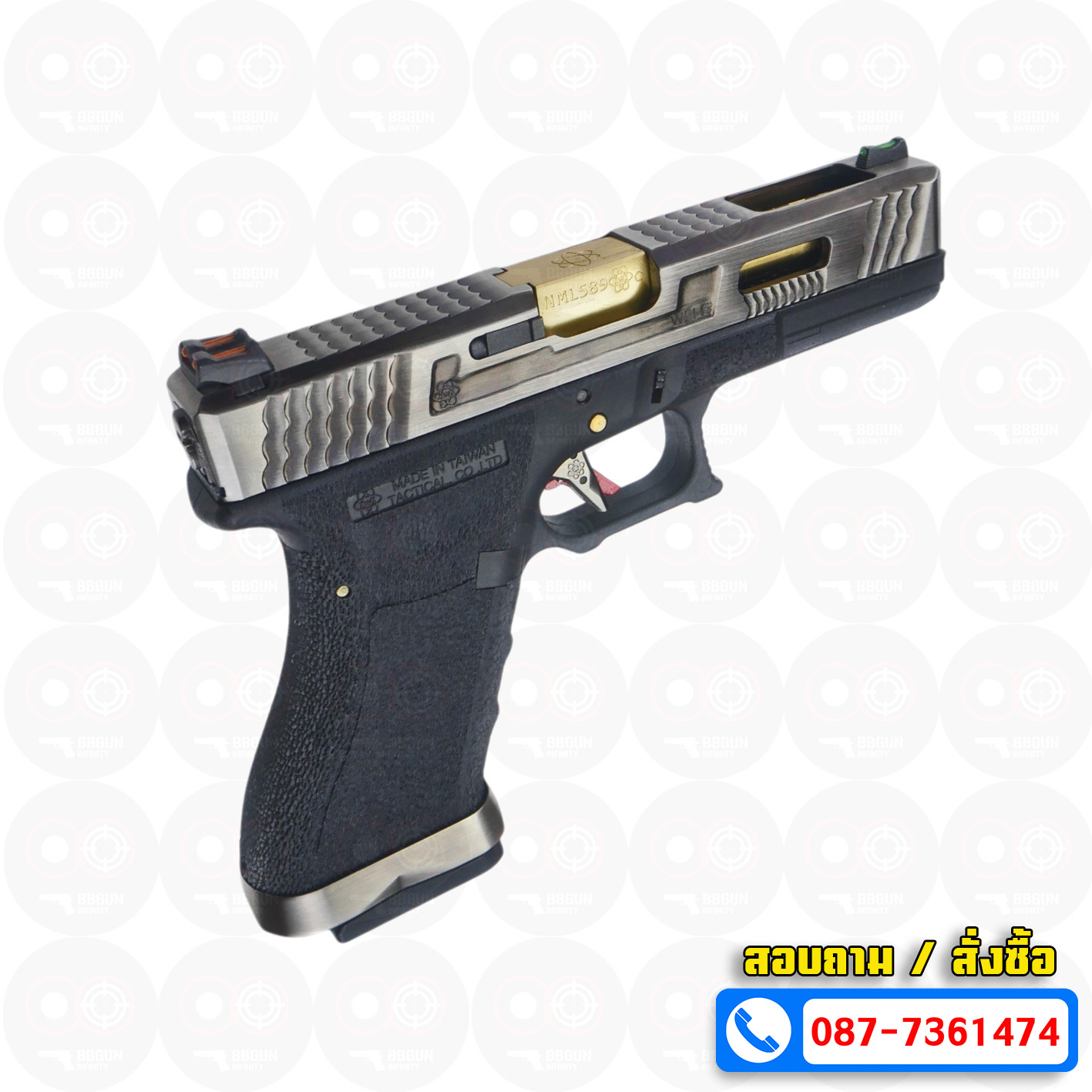 บีบีกันอัดแก๊ส WE Glock 18 G-Force T3 เฟรมดำ สไลด์เงิน ท่อทอง BB GUN