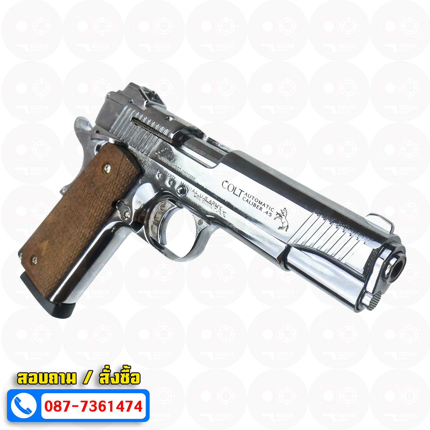 แบลงค์กัน KUZEY M1911 COLT MK IV SERIES 80 สีเงินเงา 5 นิ้ว ด้ามไม้ Blank Gun