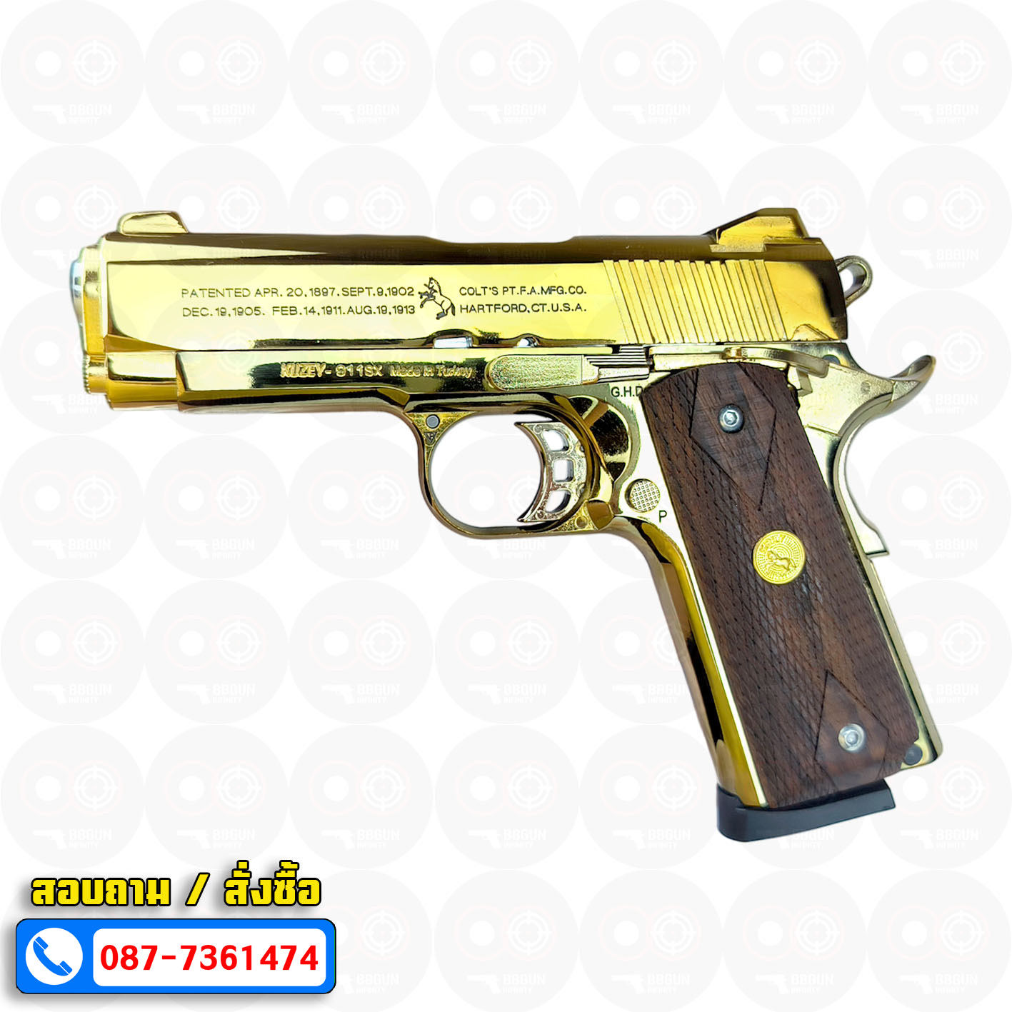 Blank Gun KUZEY M1911 COLT'S 100 ปี สีทอง 4 นิ้ว แบลงค์กัน ด้ามไม้