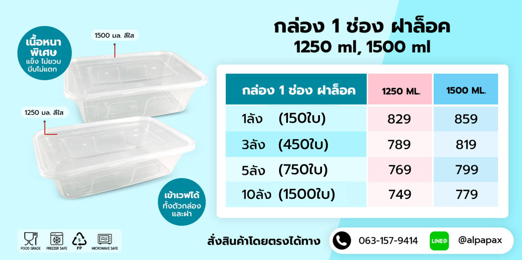 ขนาดกล่องพลาสติกใส่อาหาร 1 ช่องพร้อมฝาล็อกสีใสและสีดำราคาโปรโมชัน