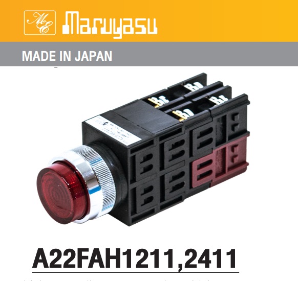 MARUYASU A25FAH1211R สวิทช์กดมีไฟหัวนูนกดค้าง 12,24 โวลต์ 1NO 1NC φ25 mm.(G-O-R-Y)