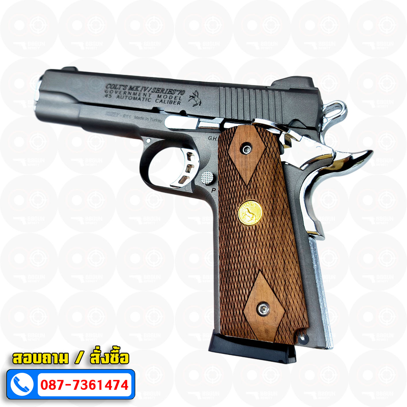 แบลงค์กัน KUZEY M1911 ลำ 5 นิ้ว COLT'S MK IV SERIES'70 blank gun สีสโม๊ค (smoke) ด้ามไม้