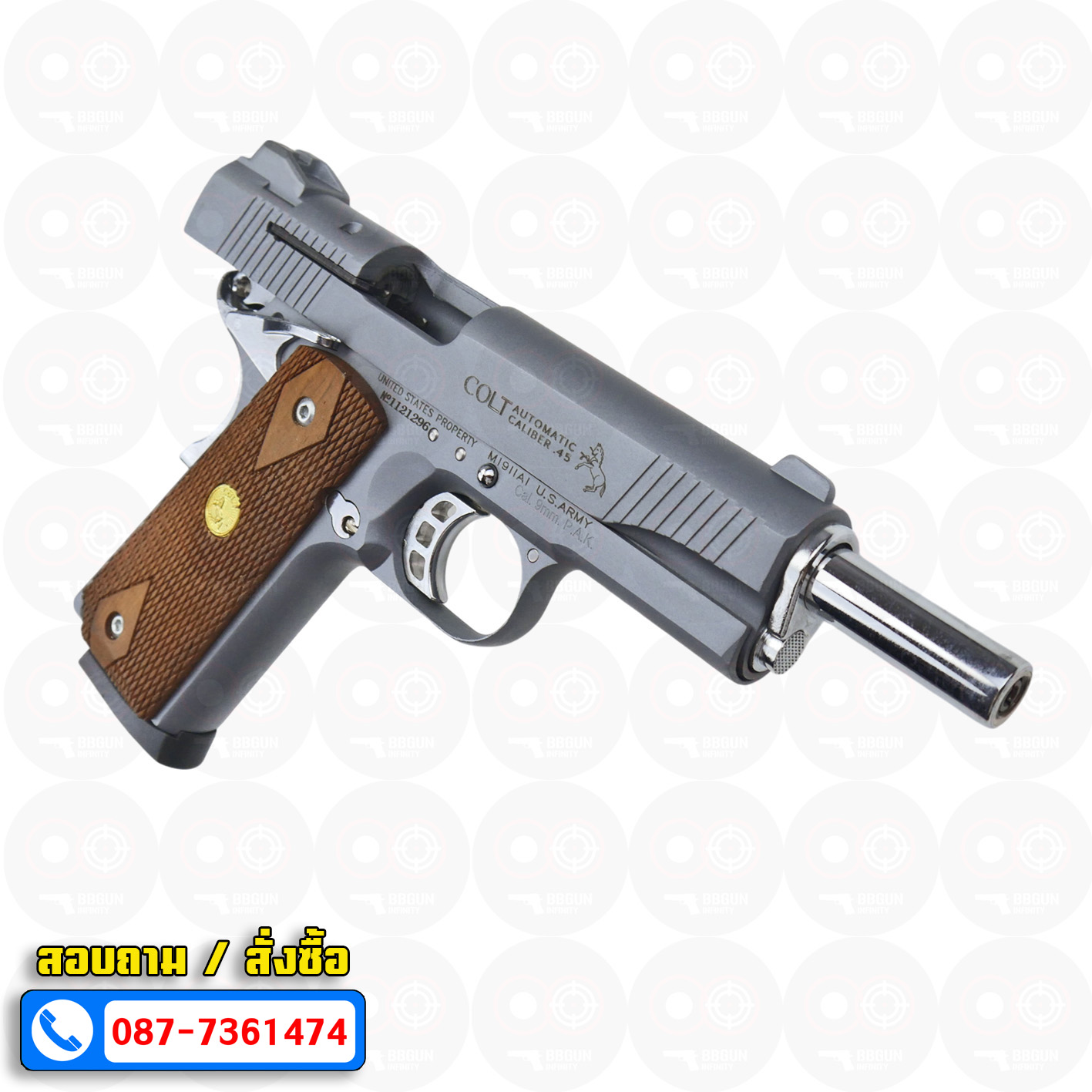 แบลงค์กัน KUZEY M1911 ลำ 5 นิ้ว COLT'S MK IV SERIES'70 blank gun สีสโม๊ค (smoke) ด้ามไม้