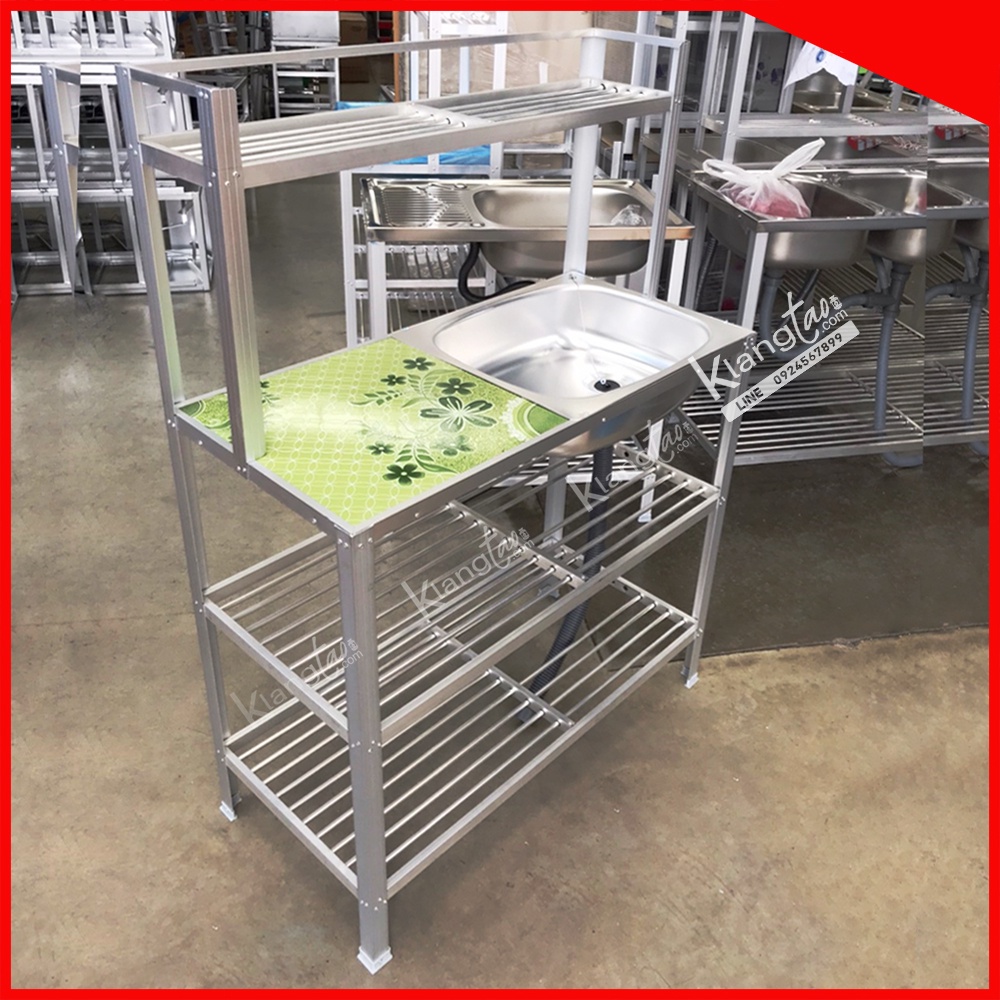 Diamond อ่างล้างจาน ตราเพชร 45x75x125 ซม. 2 ชั้นวาง+ต่อบน ด้านข้างกระเบื้อง | ซิงค์อลูมิเนียม (เลือกก๊อกน้ำได้)