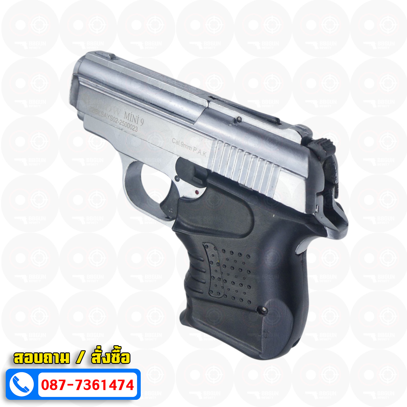 แบลงค์กัน BLOW MINI 9 สีเงินด้าน MATTE CHROME Blank Gun ( 2 แม็กกาซีน + กล่องปืน )