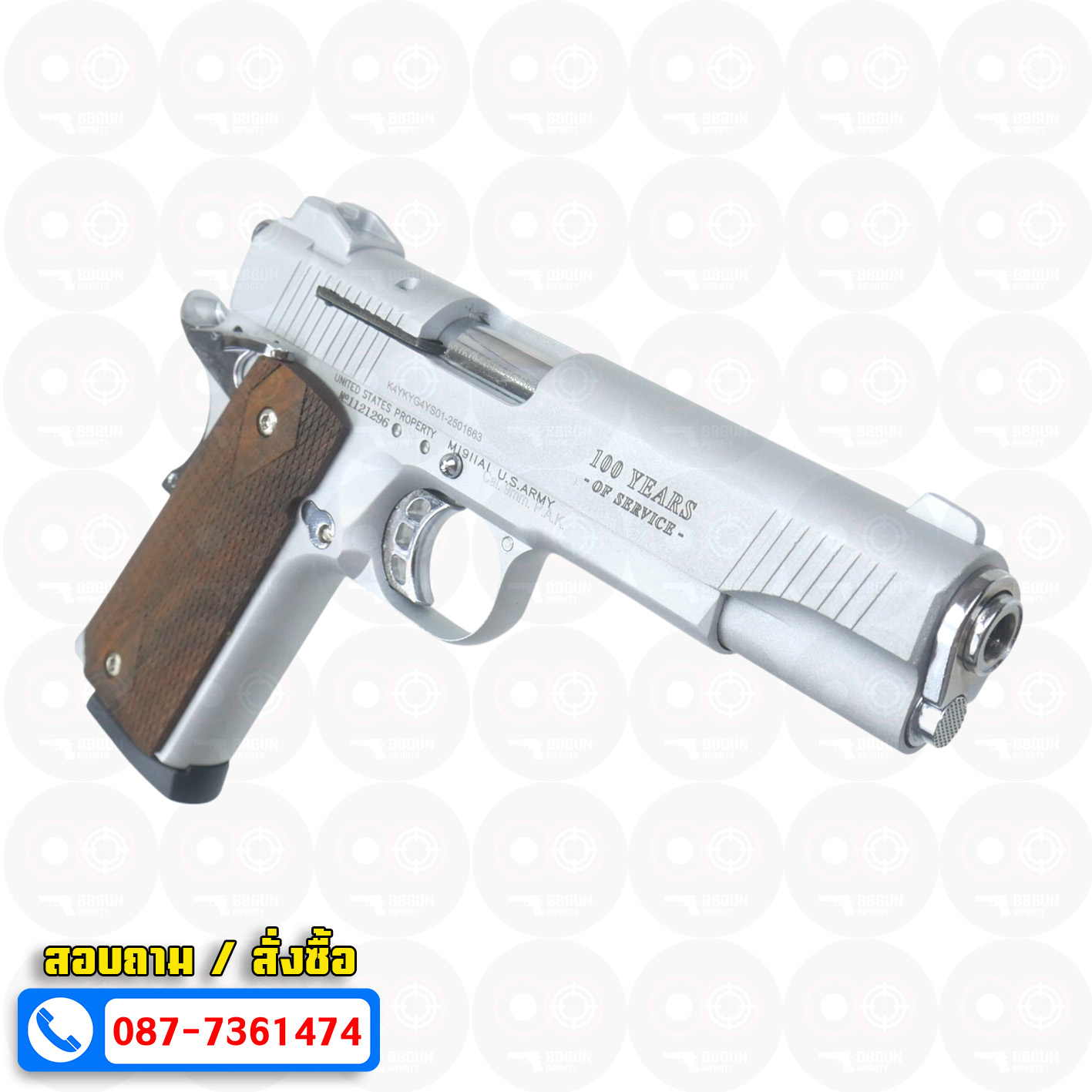 แบลงค์กัน KUZEY M1911 COLT'S 100 ปี สีเงินด้าน 5 นิ้ว ด้ามไม้ blank gun