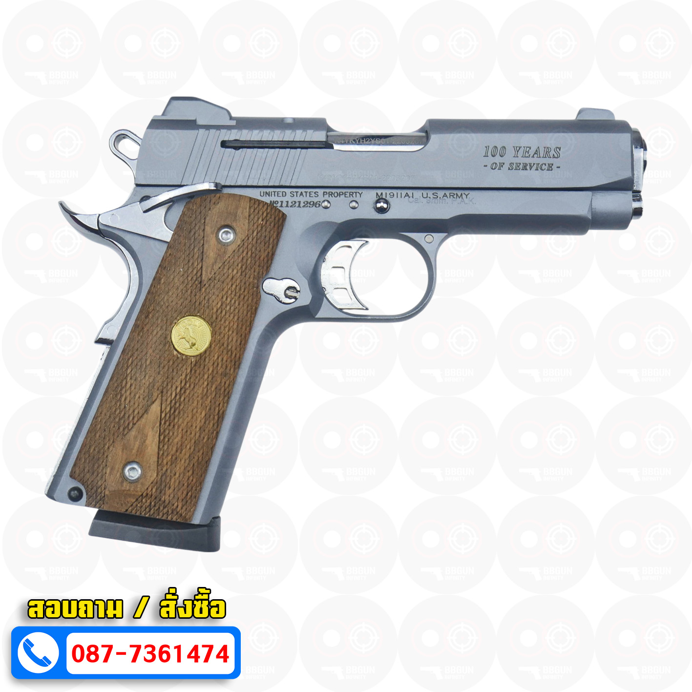 แบลงค์กัน KUZEY M1911 COLT'S 100 ปี สีสโมค 4 นิ้ว blank gun ด้ามไม้