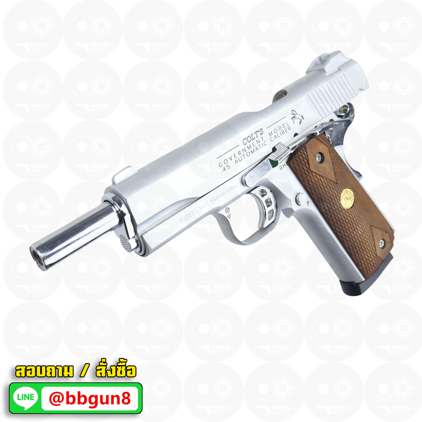 แบลงค์กัน KUZEY M1911 ลำกล้อง 5 นิ้ว COLT GOVERMENT 100 Year สีเงินด้าน blank gun ด้ามไม้