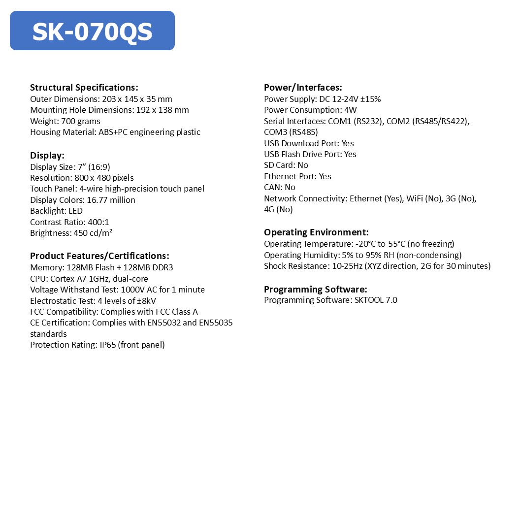 SAMKOON HMI SK-043QS/SK-070QS/SK-102QS/SK-102QT จอทัชสกรีน HMI Touch Screen รองรับ Ethernet (Human Machine Interface)