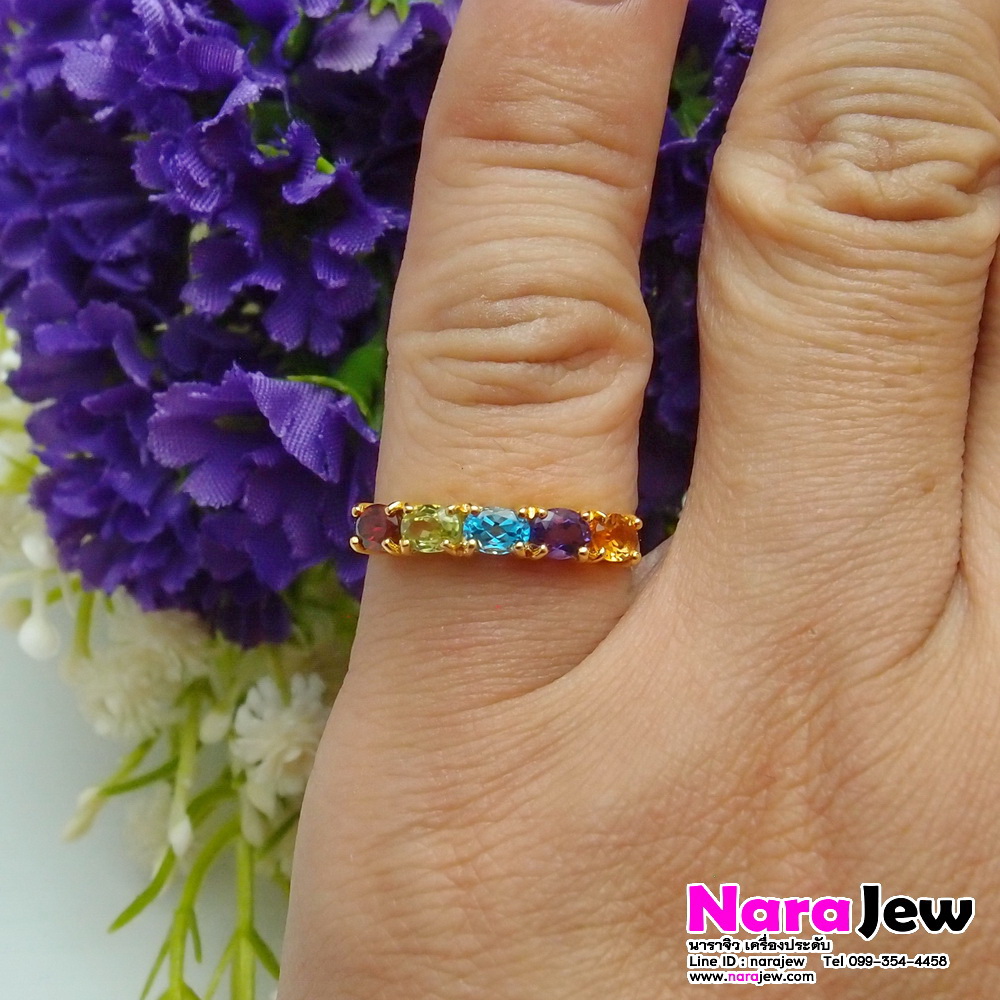 แหวนพลอยแท้ 5 สี สีสันสดใส ใส่แล้วโดดเด่น ดูมีสไตล์ สวยสะดุดตา (พลอยเจียระไนรูปไข่ทรงรี)