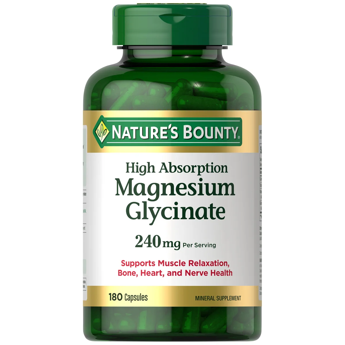 Nature's Bounty Magnesium Glycinate 240 mg, 180 Capsules แมกนีเซียม บำรุงระบบประสาท บำรุงกล้ามเนื้อ บำรุงหัวใจ