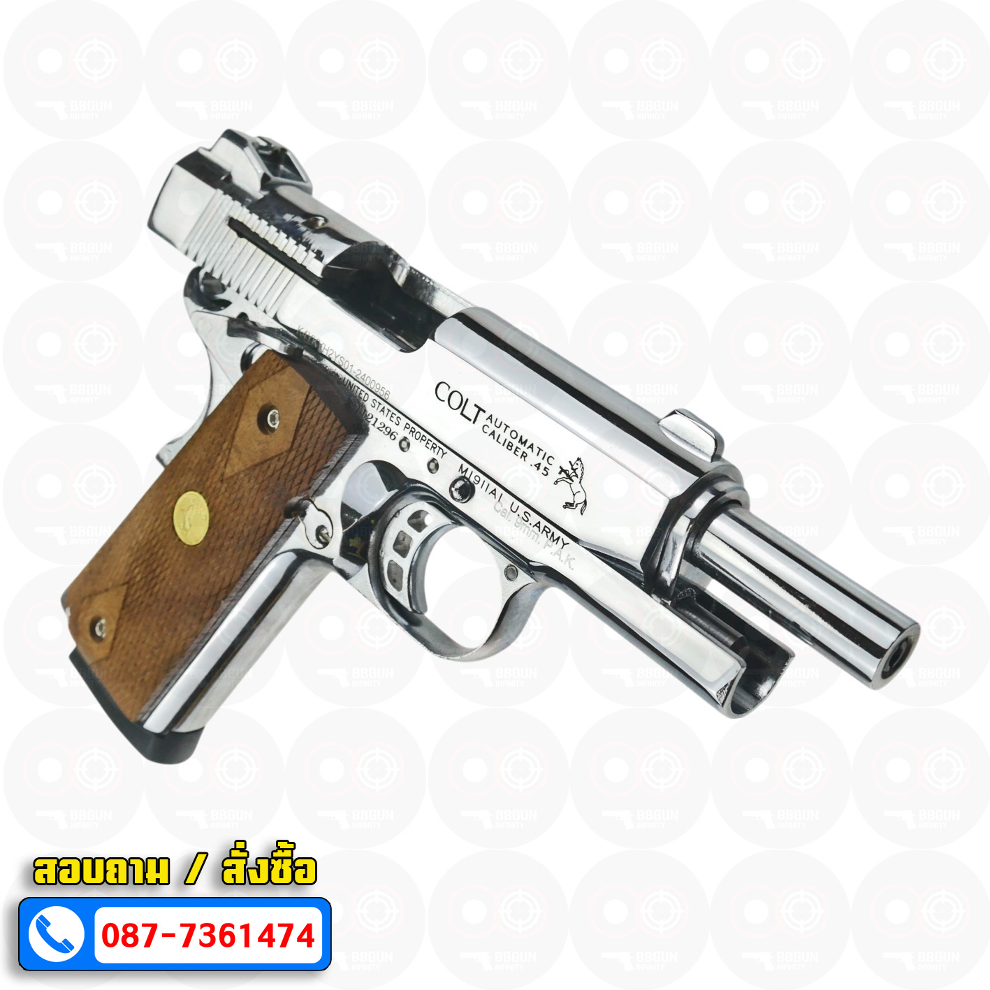 Blank Gun KUZEY M1911 COLT'S DEFENDER SERIES 90 ลำกล้อง 4 นิ้ว เงินเงา แบลงค์กัน ด้ามไม้ (แถมกล่องใส่ปืน)