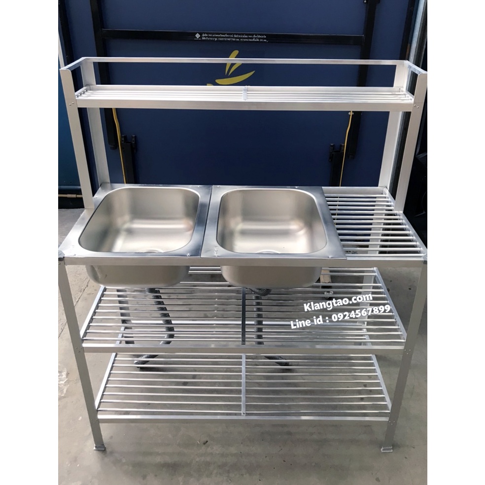 อ่างล้างจาน อ่างคู่ 50x115x124 ซม. ตะแกรงซี่ 2 ชั้น รุ่น M955+บน ซิงค์ สแตนเลส ขาอลูมิเนียม (ไม่เจาะรูก๊อก ไม่ขัดเงา)