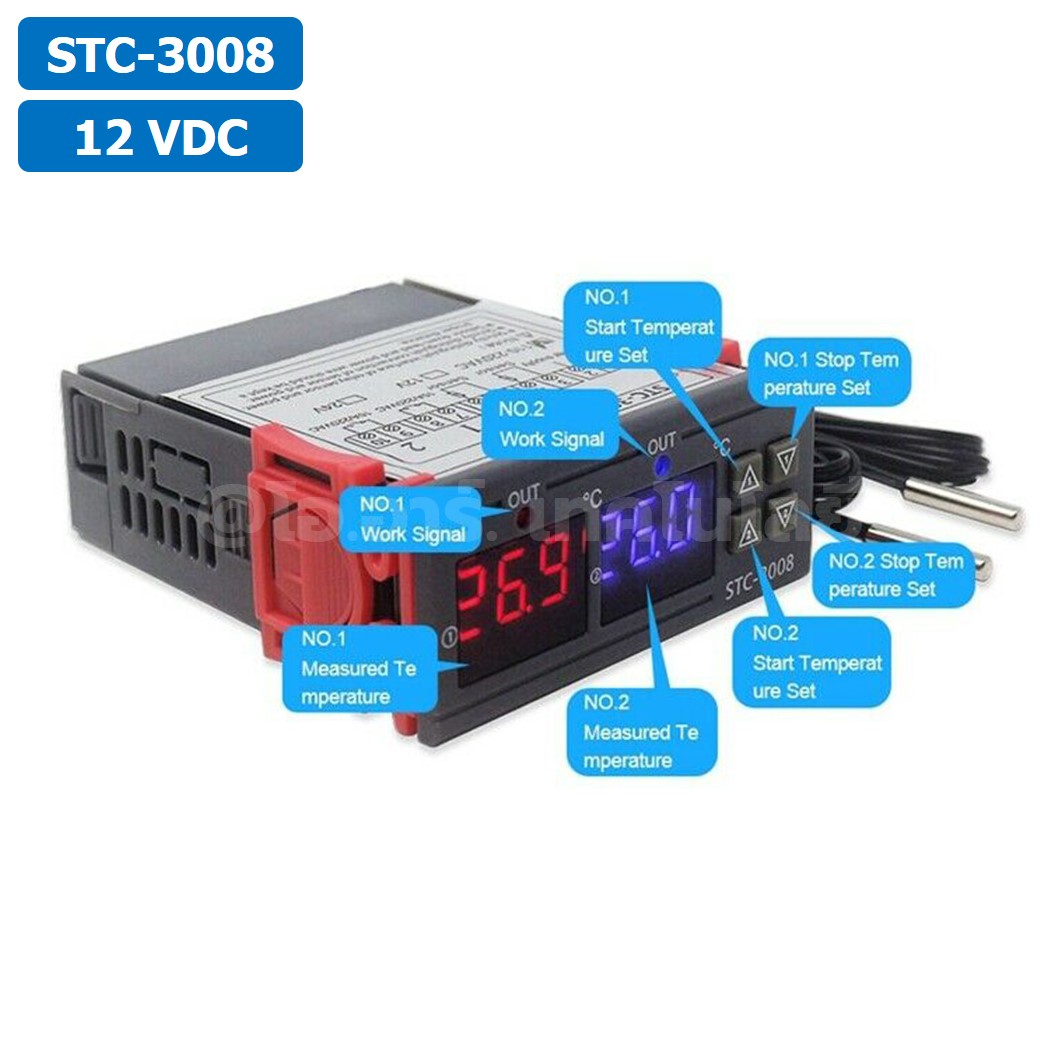 STC-3008 12VDC เครื่องควบคุมอุณหภูมิ 2ช่อง NTC Dual Digital Temperature Controller ตัวควบคุมอุณหภูมิ Control Regulator Heating/Cooling