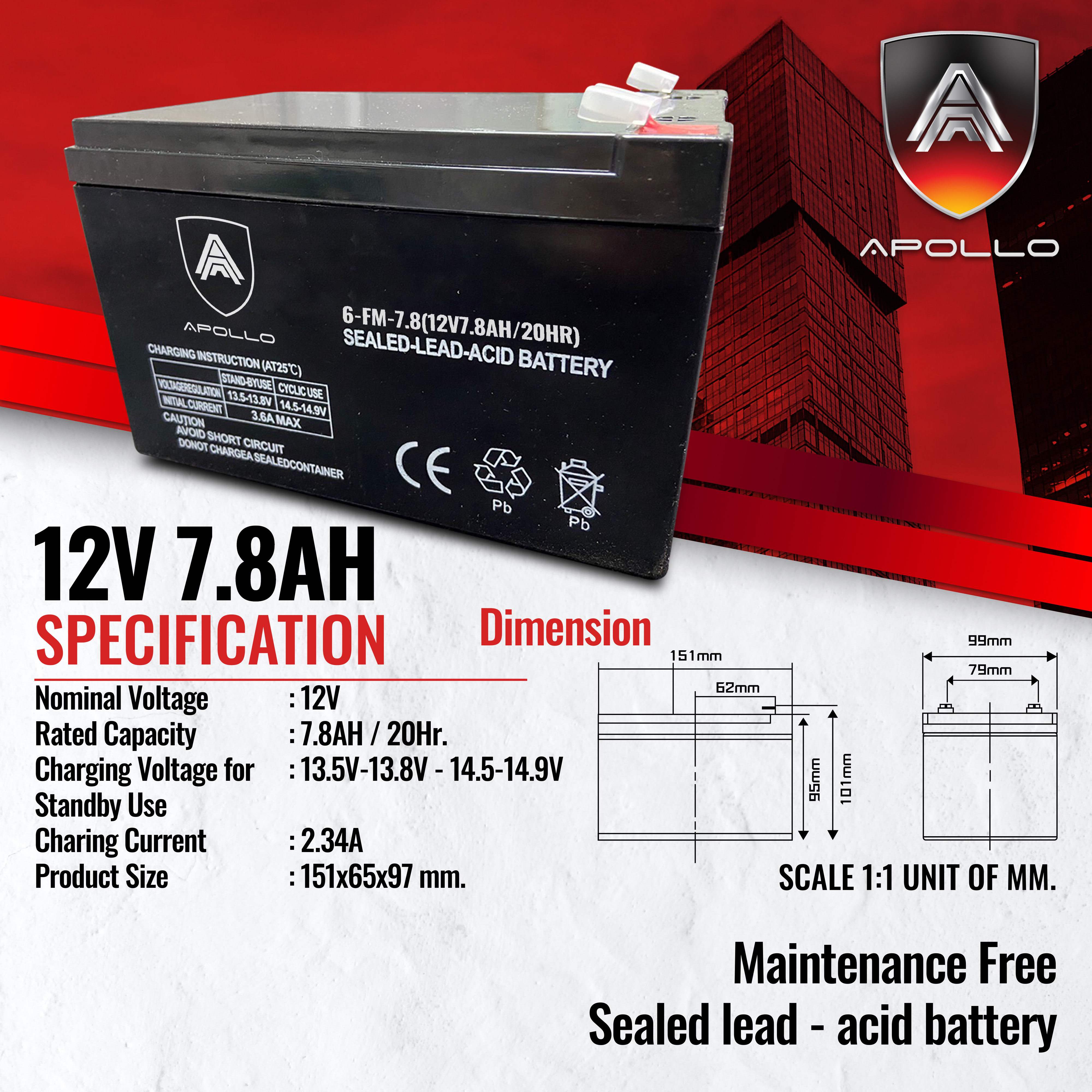 Apollo Sealed-Lead Acid-Battery แบตเตอรี่ 12V 7.8AH