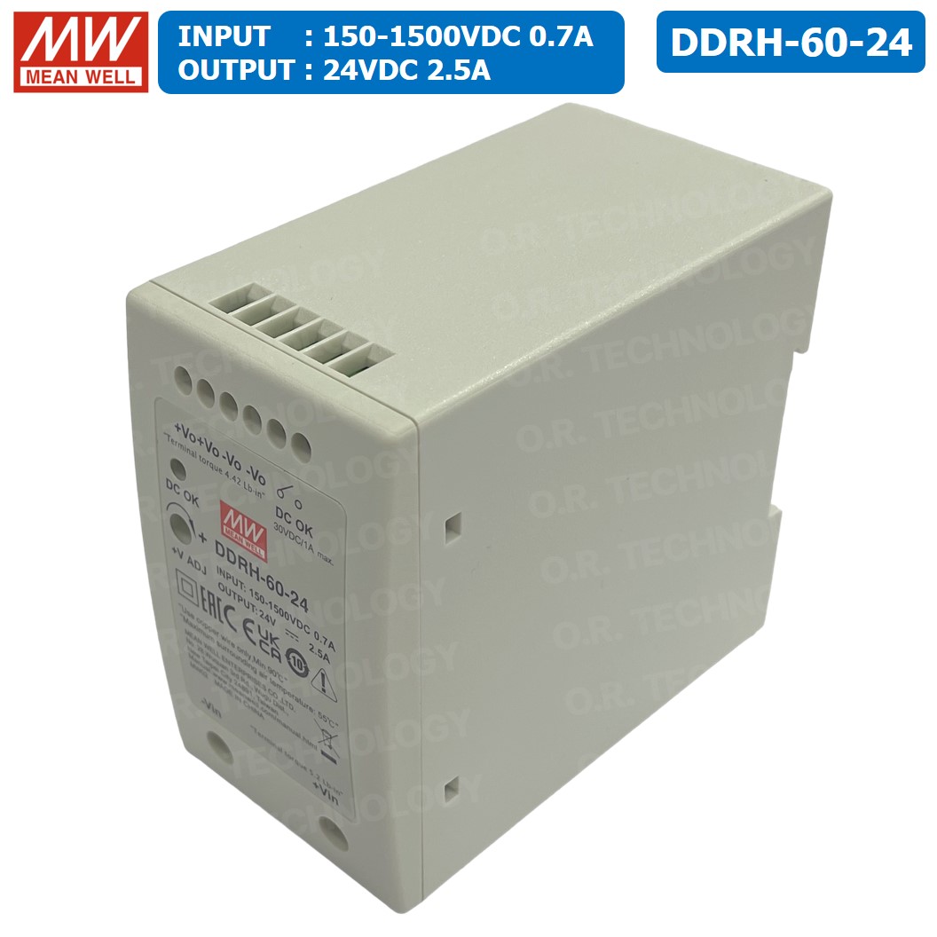 (1ชิ้น) MEAN WELL DDRH-60-24 24VDC 60W Ultra Wide Input DIN Rail Type DC-DC Converter (Input 150-1500V, Output 24V 2.5A) ตัวลดแรงดันไฟฟ้า ตัวแปลงแรงดันไฟฟ้า