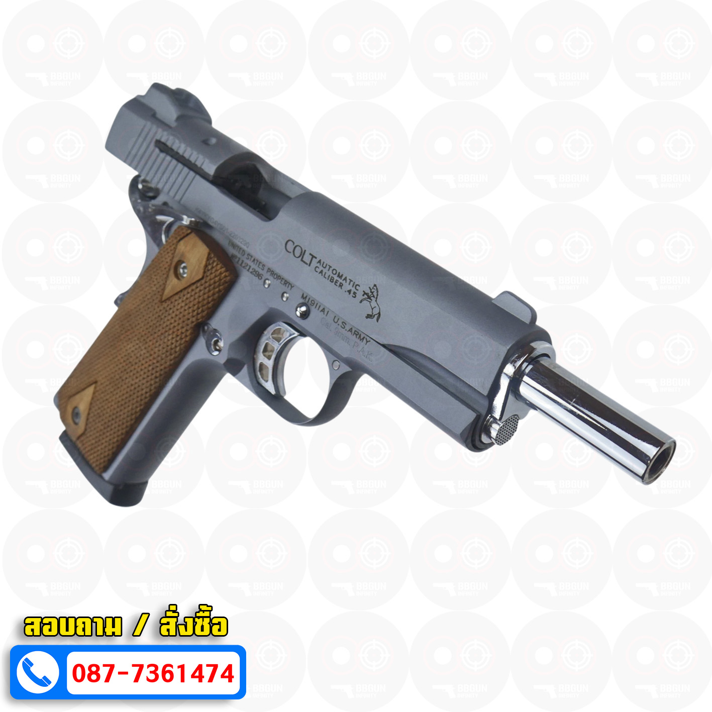 Blank Gun KUZEY M1911 COLT'S DEFENDER SERIES 90 ลำกล้อง 5 นิ้ว สีสโมค แบลงค์กัน ด้ามไม้ (แถมกล่องใส่ปืน)