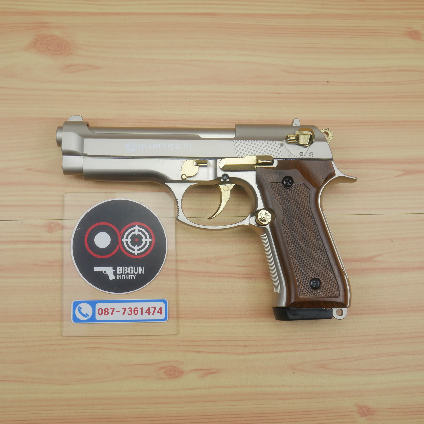 แบลงค์กัน BLOW F92 AUTO SATINA GOLDEN PARTS WOODEN GRIPS สีซาติน ไกทอง ด้ามลายไม้ Blank Gun ( 2 แม็กกาซีน + กล่องปืน )