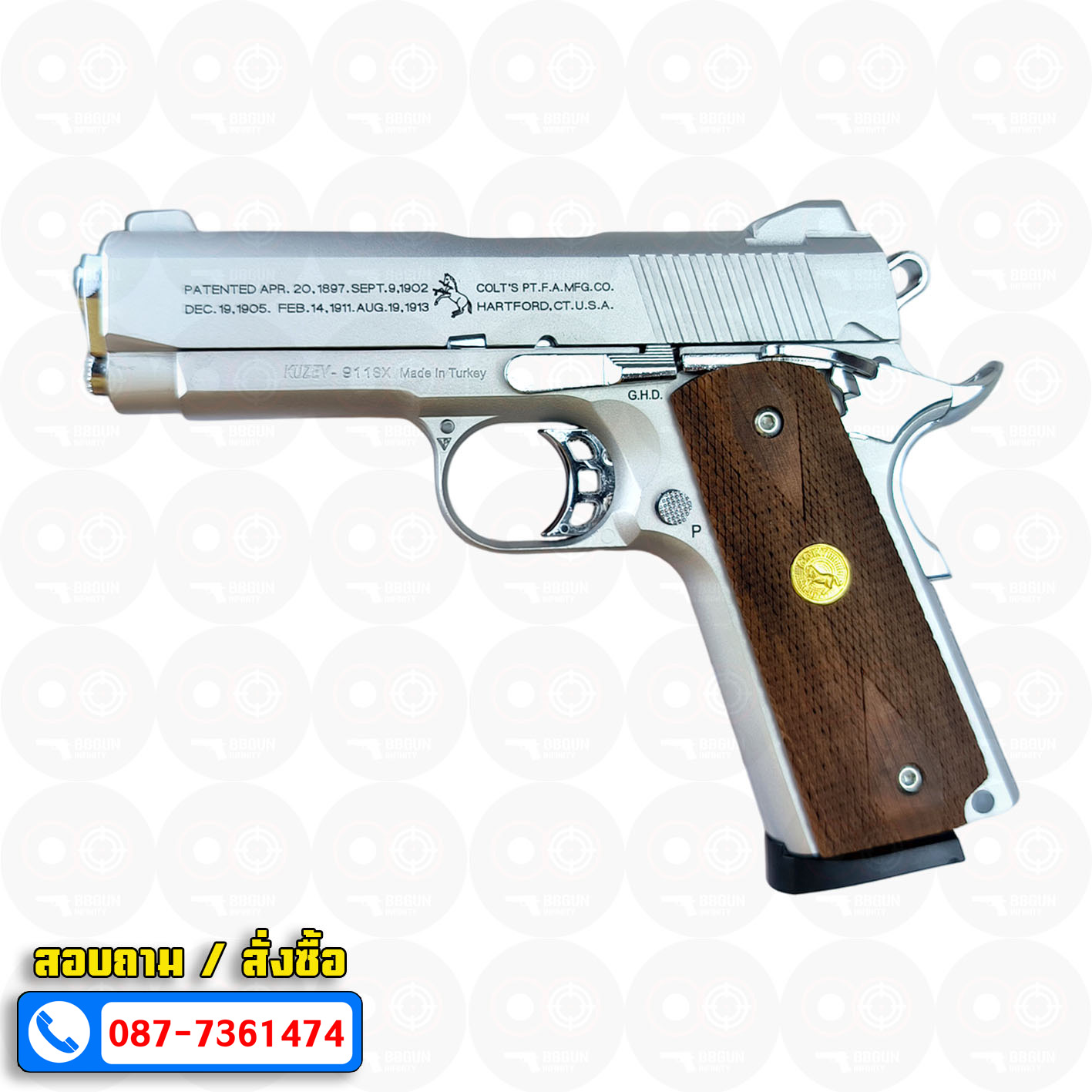 Blank Gun KUZEY M1911 COLT'S 100 ปี สีเงินด้าน 4 นิ้ว แบลงค์กัน ด้ามไม้
