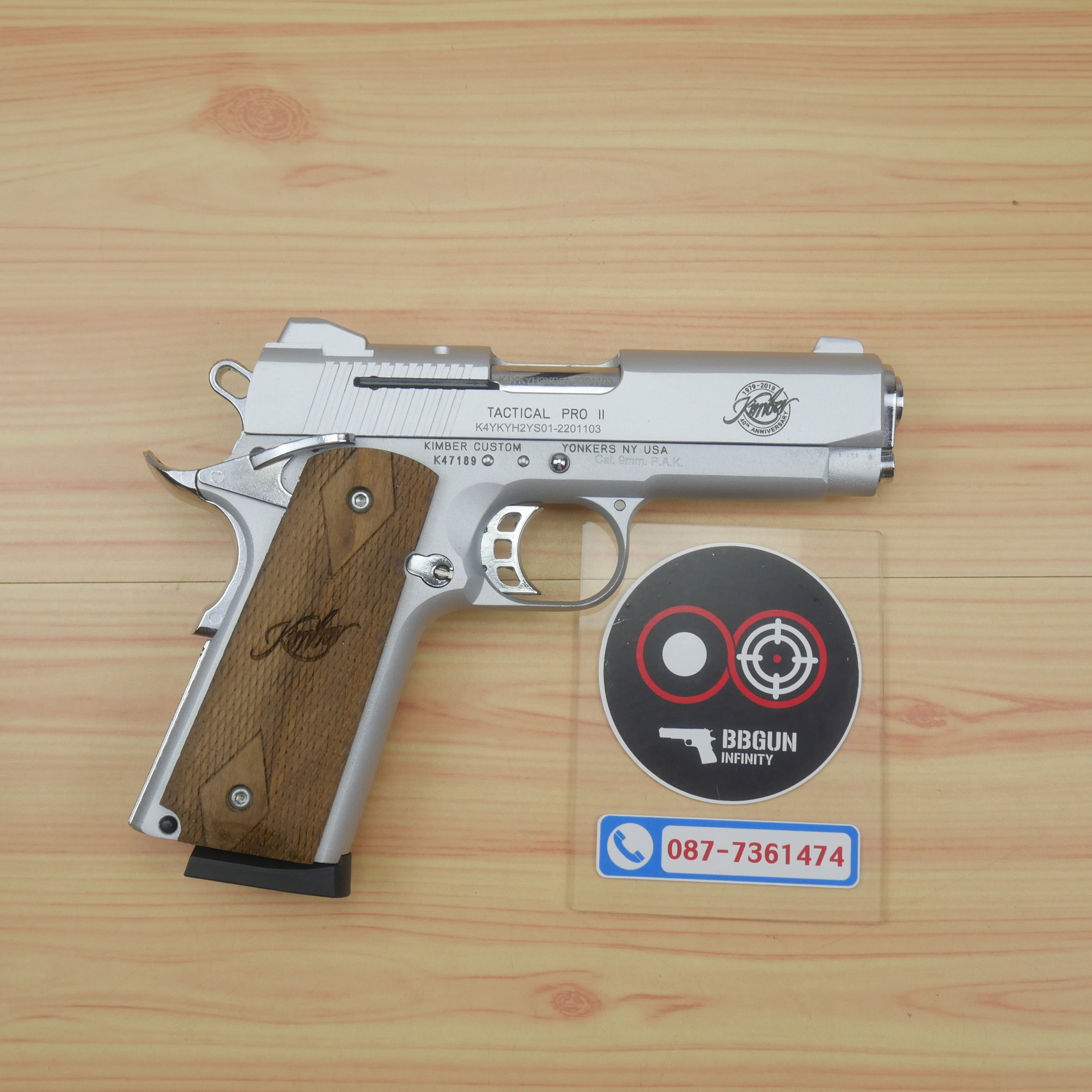 Blank Gun KUZEY Kimber 1911 ลํากล้อง 4 นิ้ว เงินด้าน แบลงค์กัน ด้ามไม้ (แถมกล่องใส่ปืน)